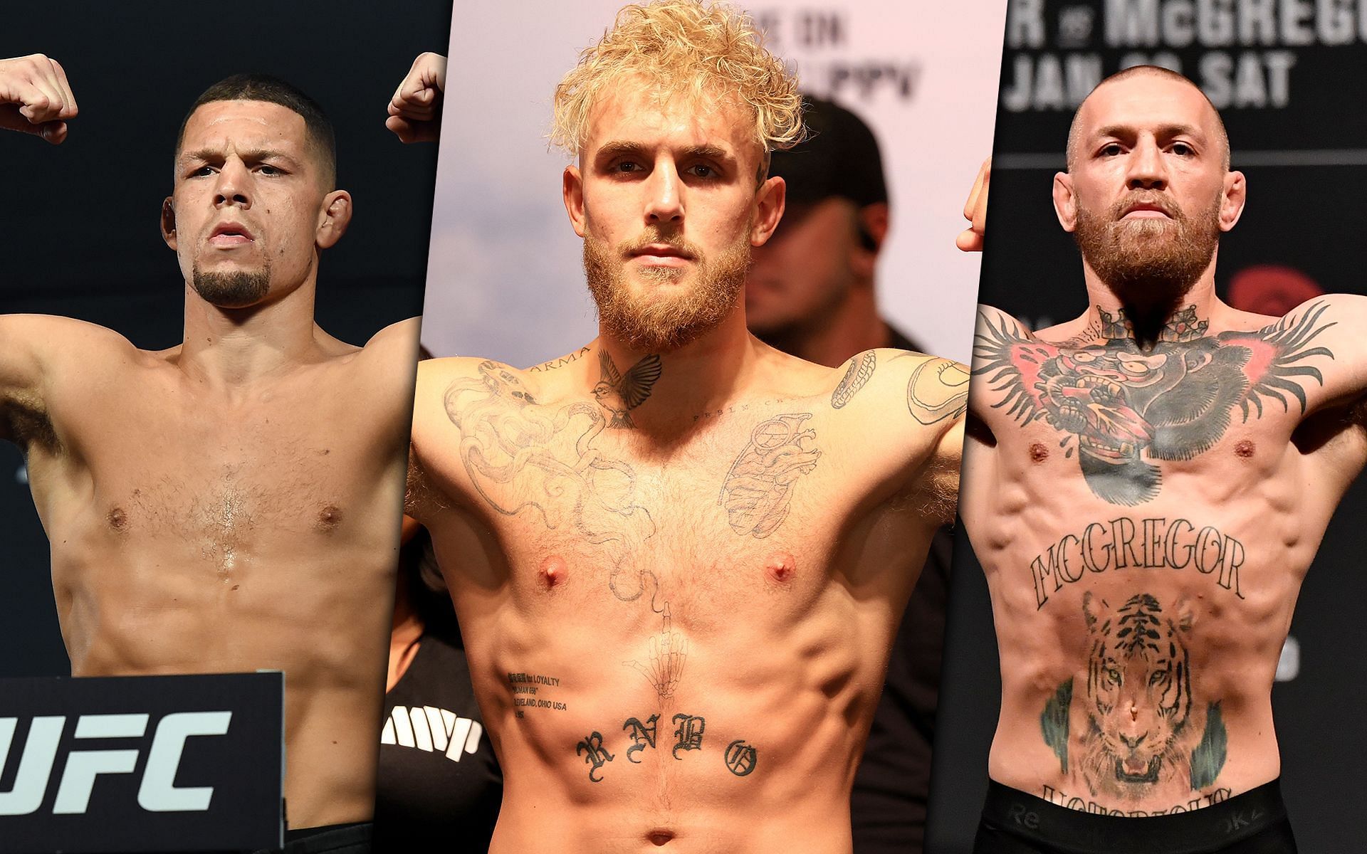 Nate Diaz, Jake Paul, Conor McGregor (L-R), Credits:- Getty