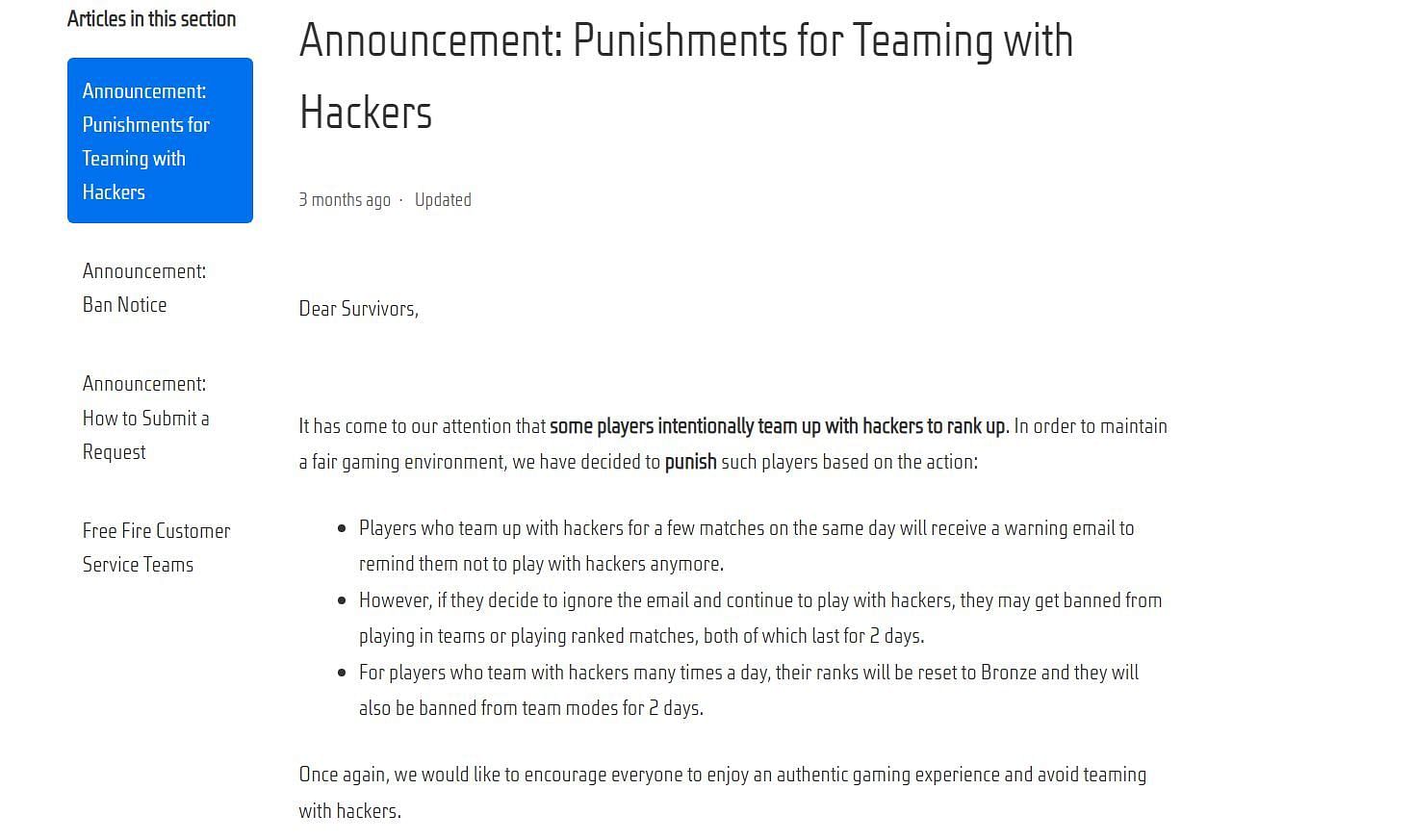 Announcement: Punishments for Teaming with Hackers – Garena Free Fire