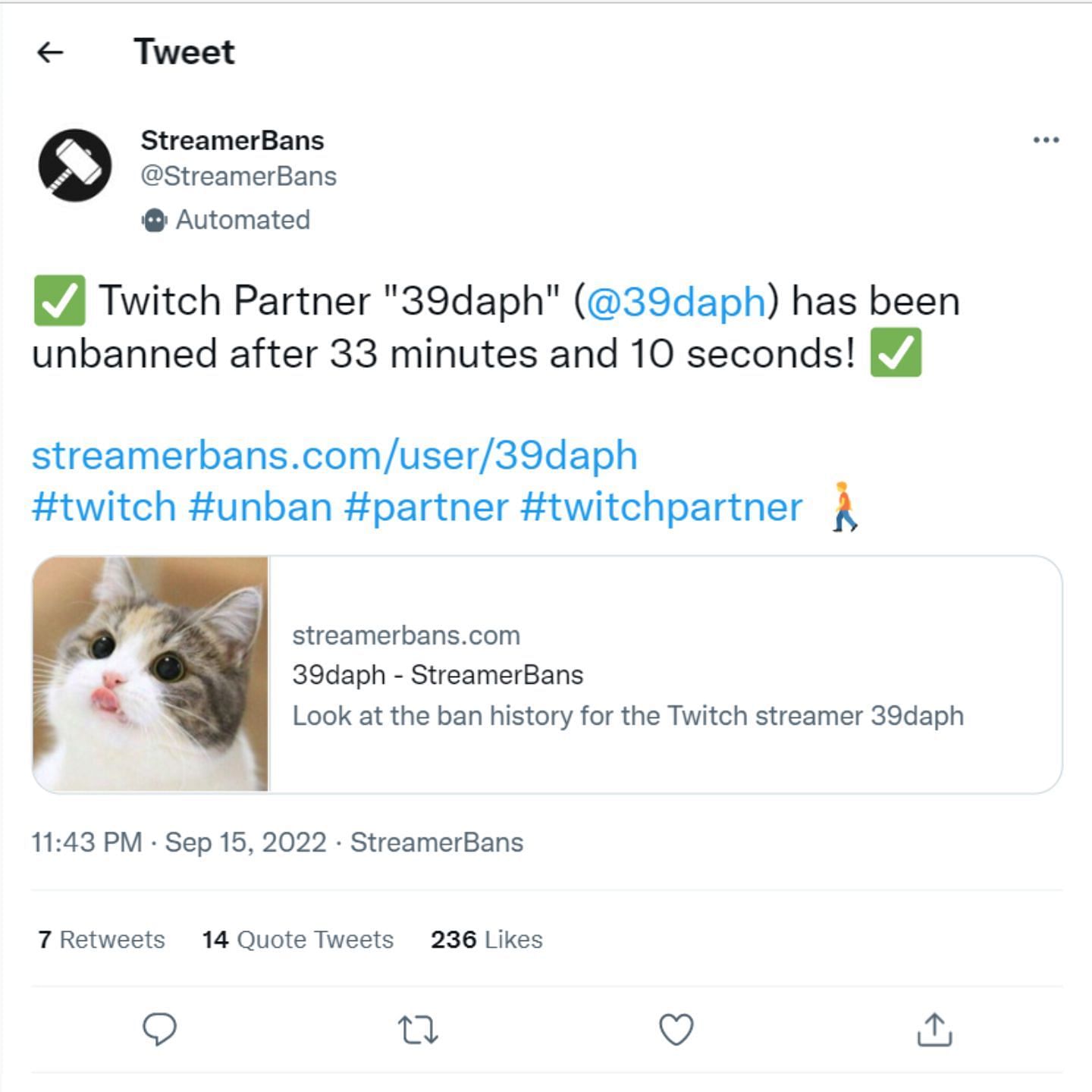 The streamer was unbanned after 33 minutes 10 seconds (Image via StreamersBan/Twitter)