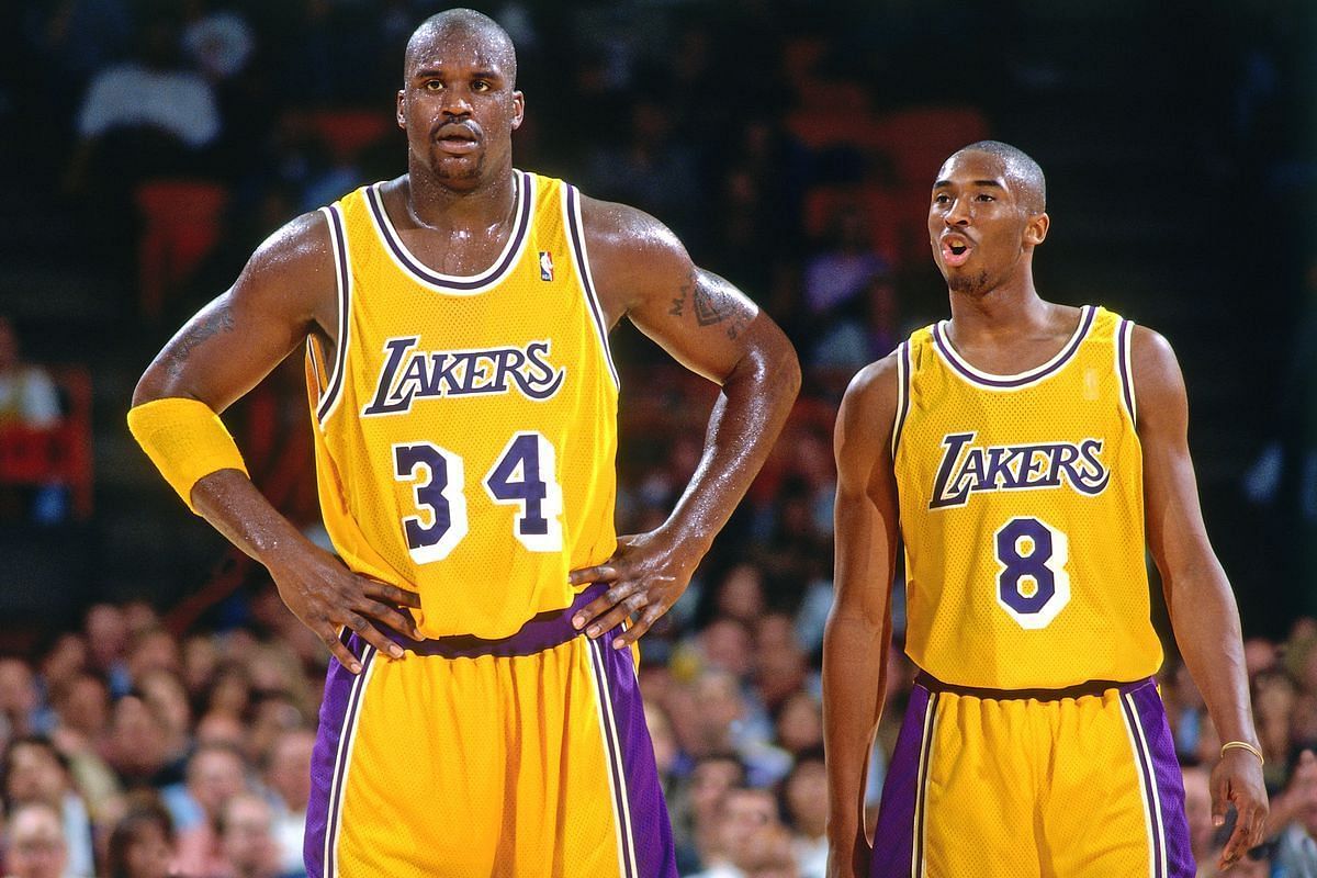 LA Lakers big man Shaquille O'Neal, left, and Kobe Bryant