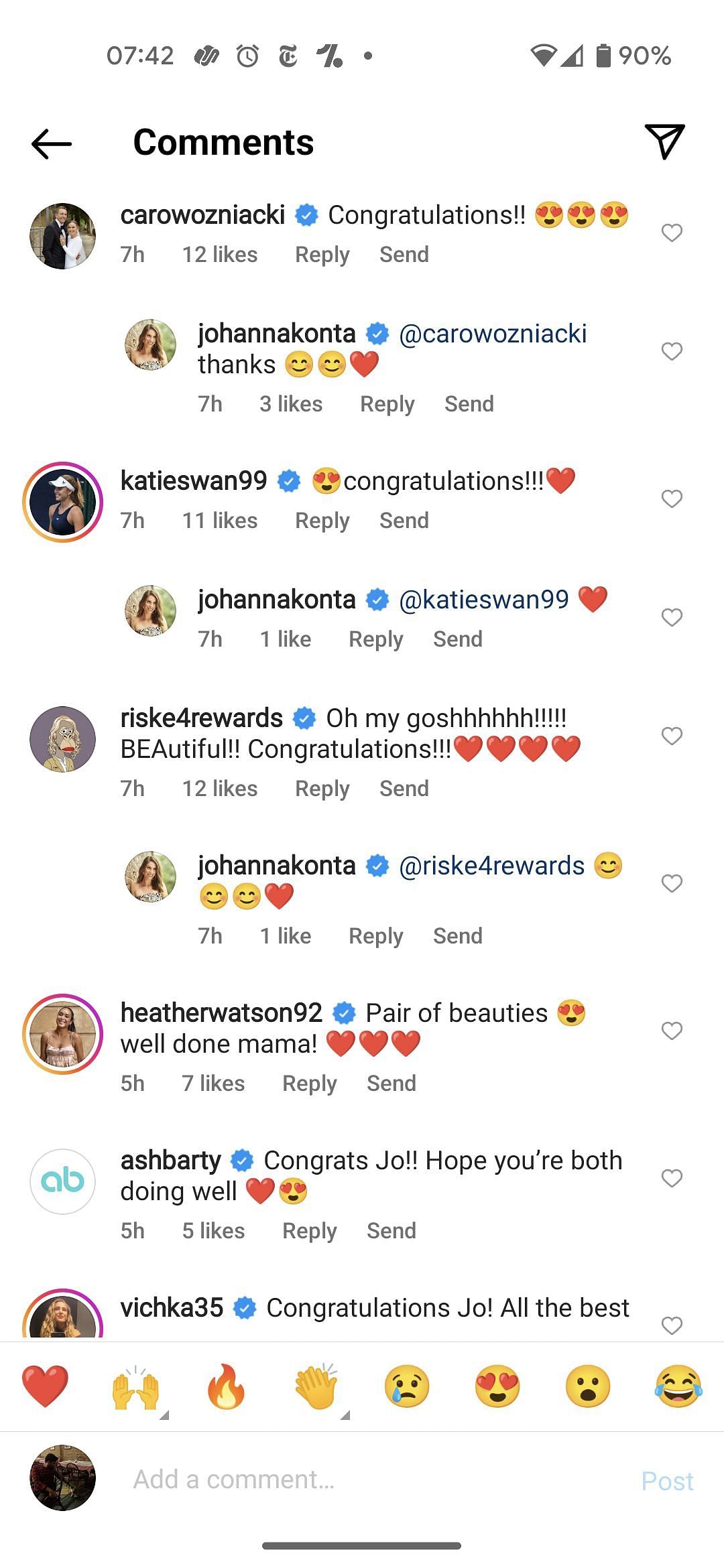 Caroline Wozniacki, Victoria Azarenka and Ashleigh Barty were among the players to have congratulated Johanna Konta on the birth of her daughter