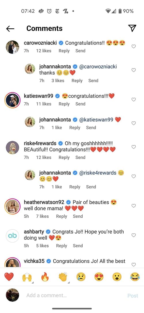 Caroline Wozniacki, Victoria Azarenka and Ashleigh Barty were among the players to have congratulated Johanna Konta on the birth of her daughter