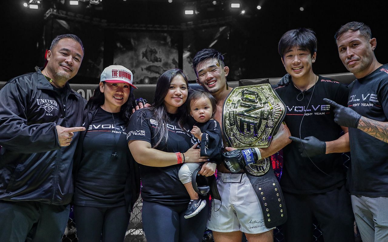 Christian Lee (middle) celebrates with his family shortly after getting his revenge against Ok Rae Yoon at ONE on Prime Video 1.