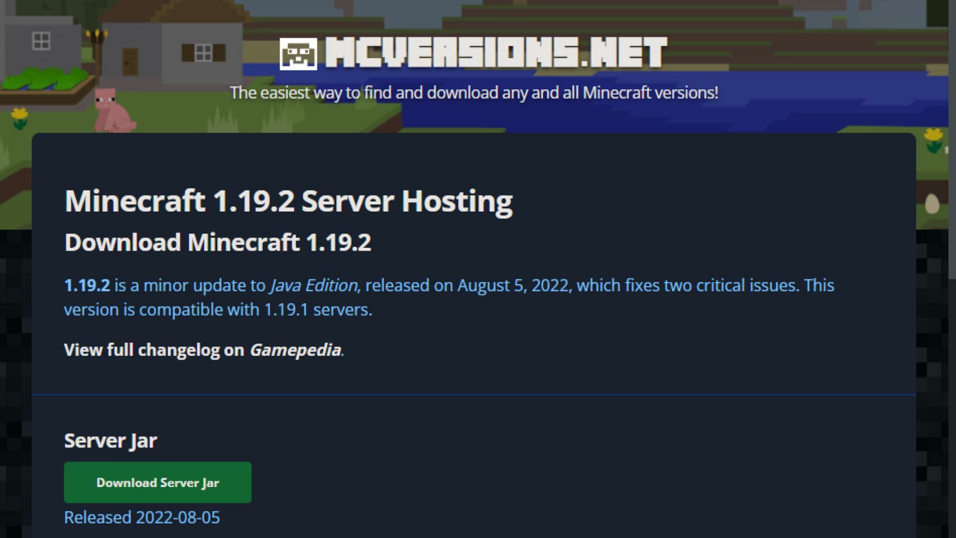 Downloading the server.jar file (Image via mcversions.com)