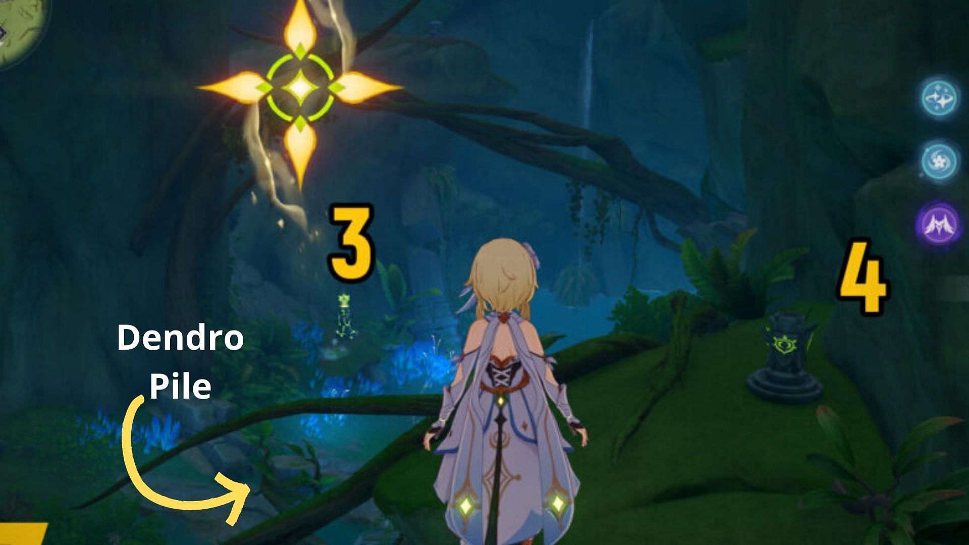 Light up the last two Dendro totems in this order (Image via Genshin Impact)