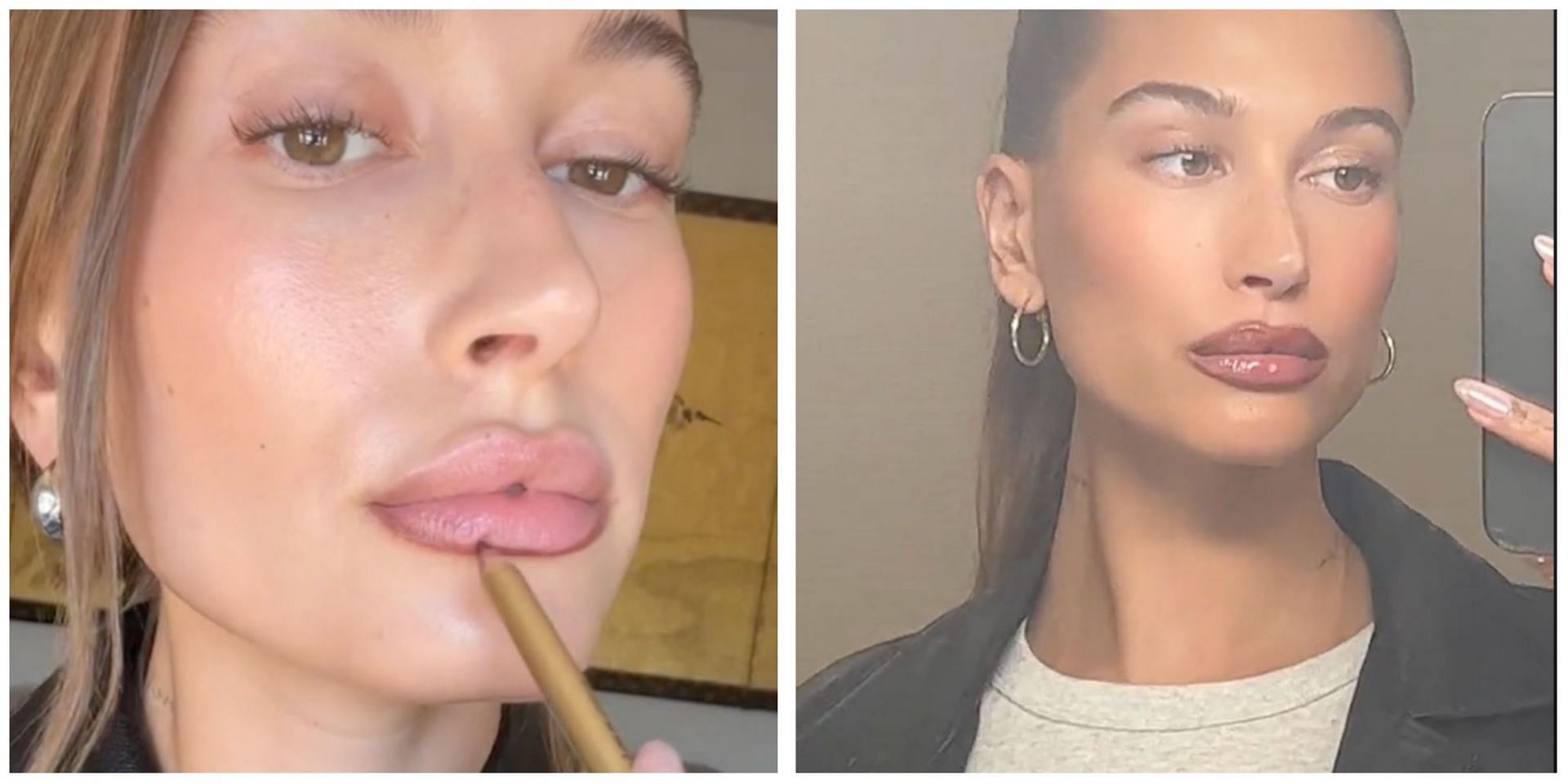 Why was Hailey Bieber slammed for the &quot;Brown Glazed Lips?&quot; Details explored. (Image via Hailey Bieber/ TikTok)/ 