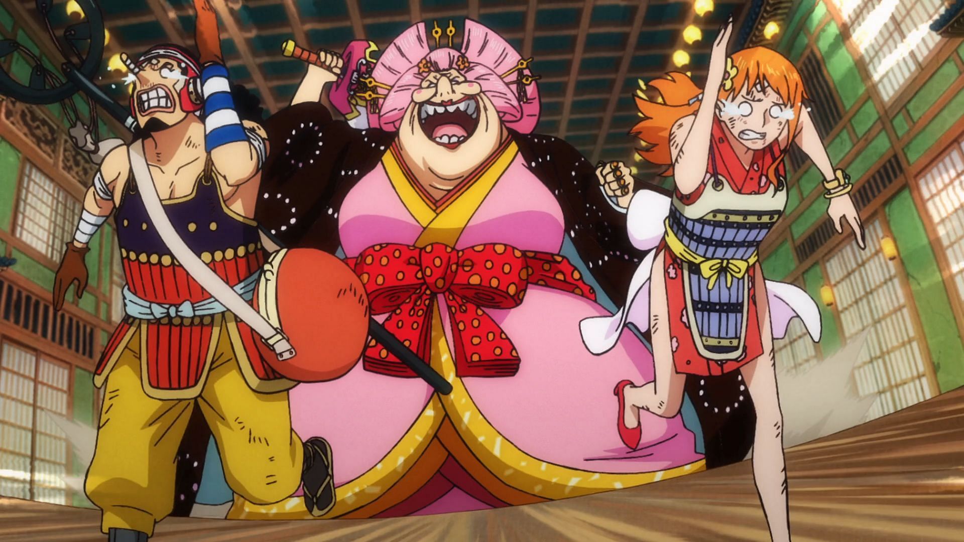 Nami and Usopp running from Big Mom in One Piece episode 1034 (Image via Toei Animation)