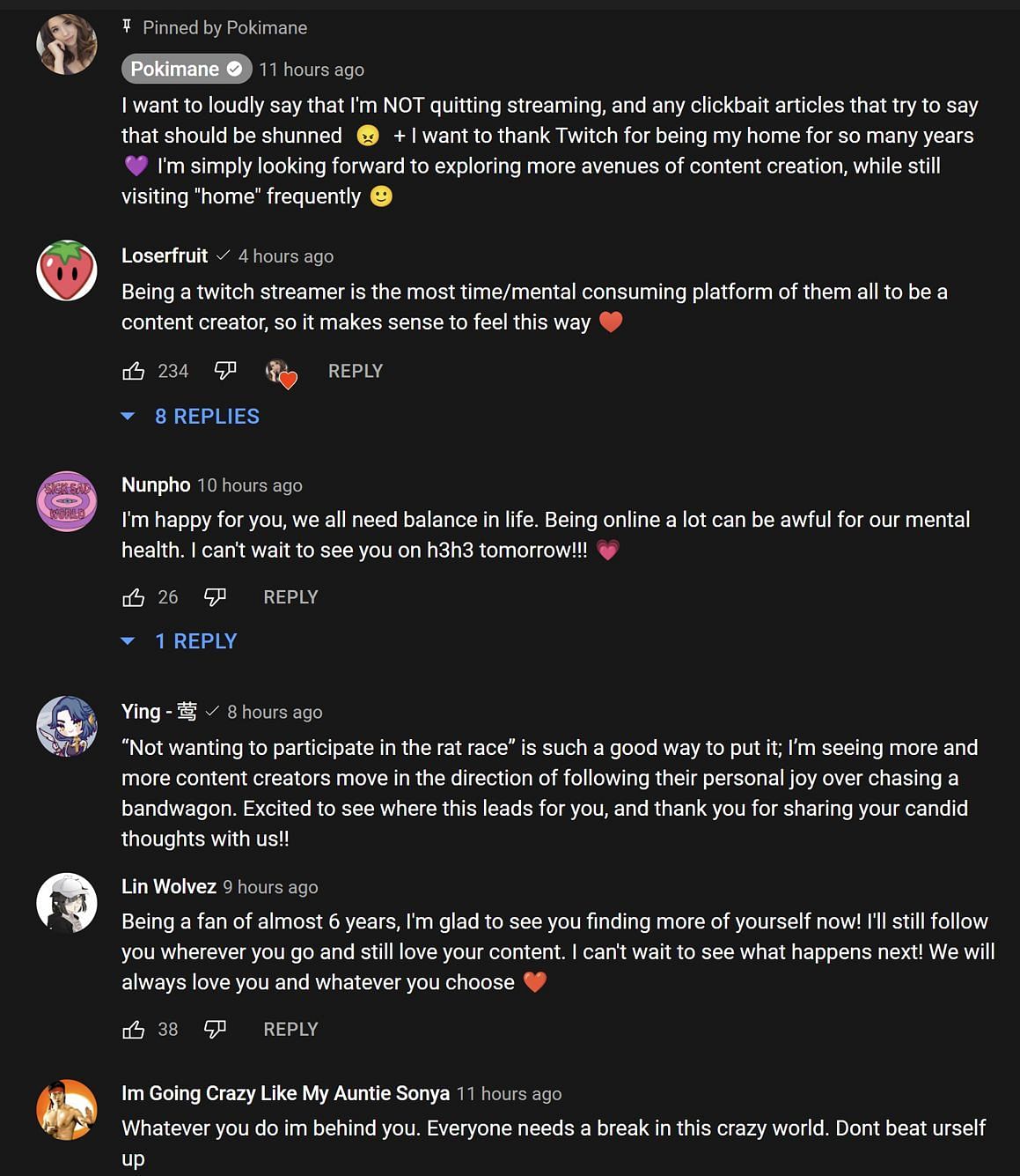 Fans in the YouTube comments section reacting to the streamer&#039;s video address (Image via Pokimane/YouTube)