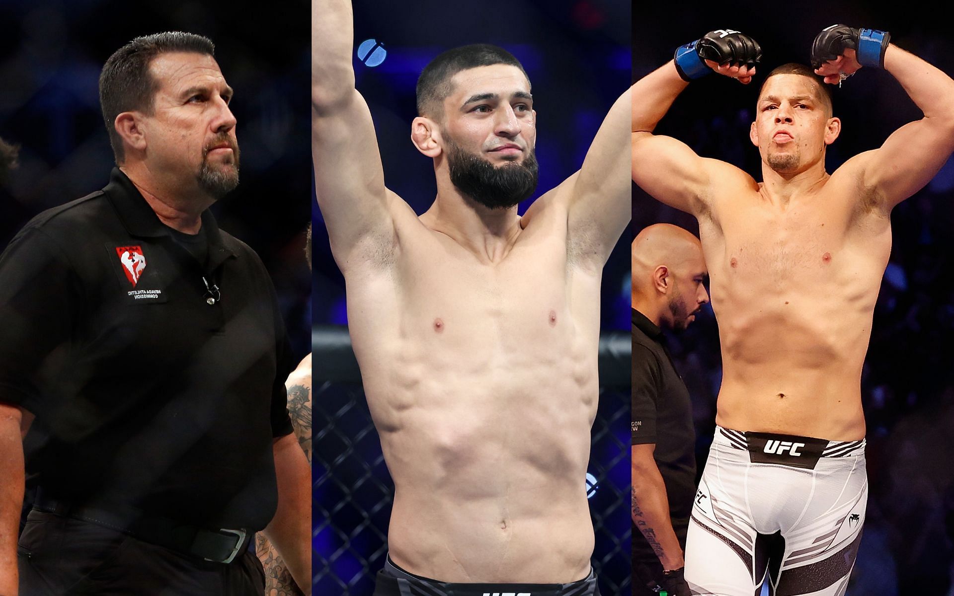 John McCarthy (left), Khamzat Chimaev (centre), Nate Diaz (right)