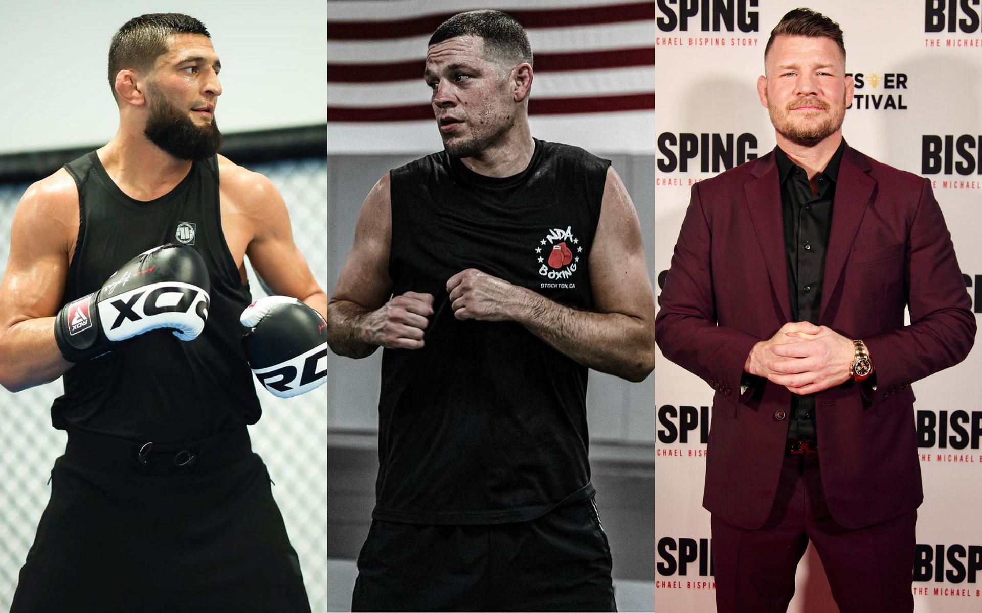 Khamzat Chimaev (Left), Nate Diaz (Middle), and Michael Bisping (Right) [Image courtesy: @khamzat_chimaev, @natediaz209, and @mikebisping Instagram]