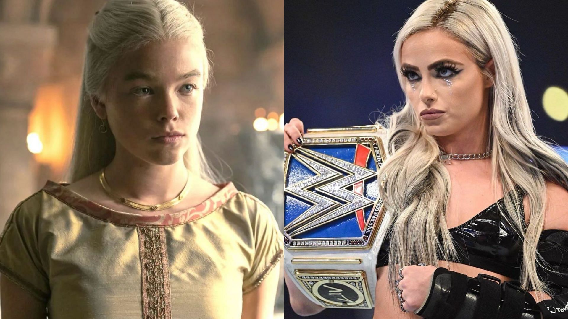 Princess Rhaenyra Targaryen (left) and WWE SmackDown Women&#039;s Champion Liv Morgan (right)
