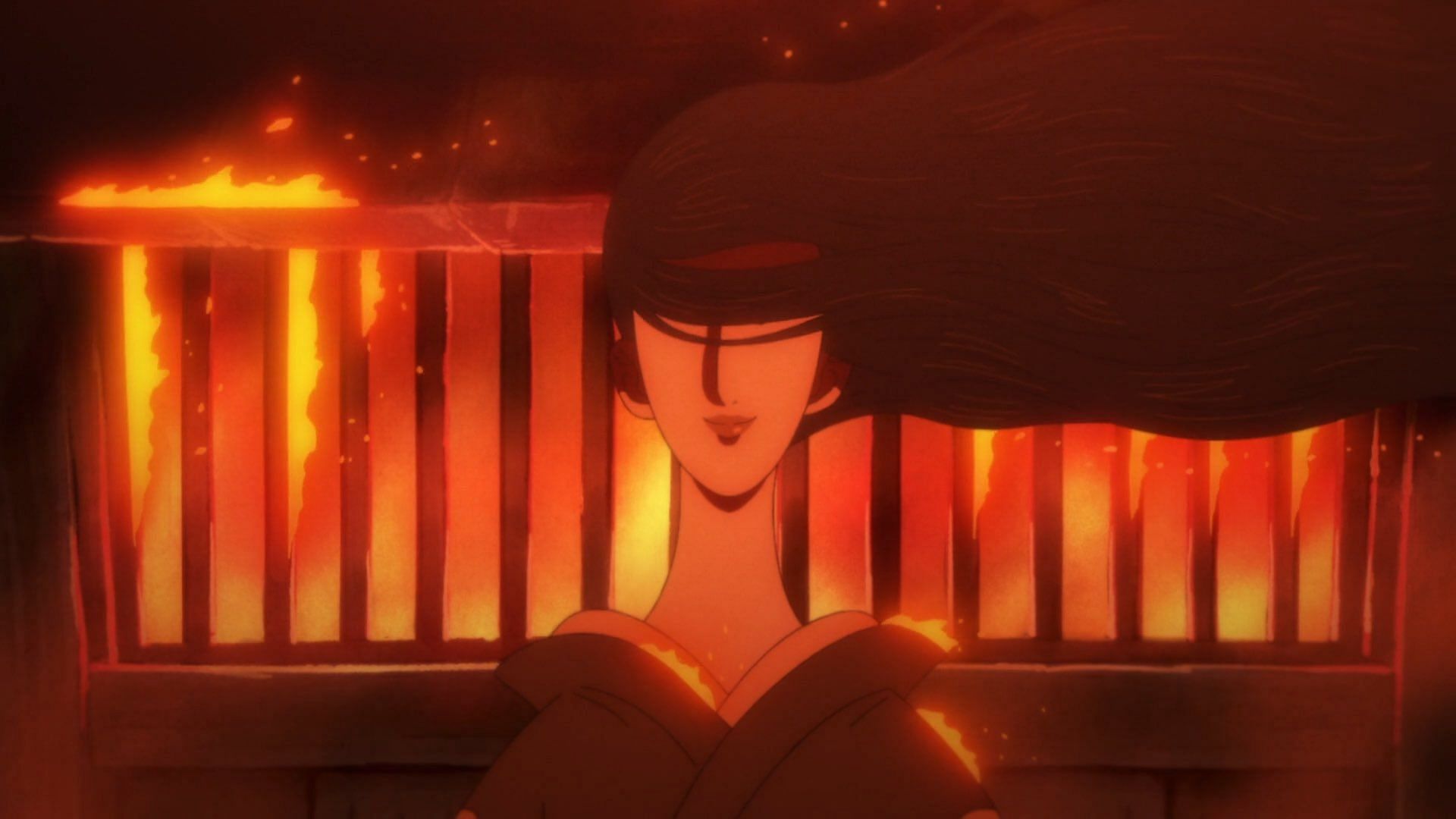 Otsuru burning in Otama&#039;s flashback (Image via Toei Animation)