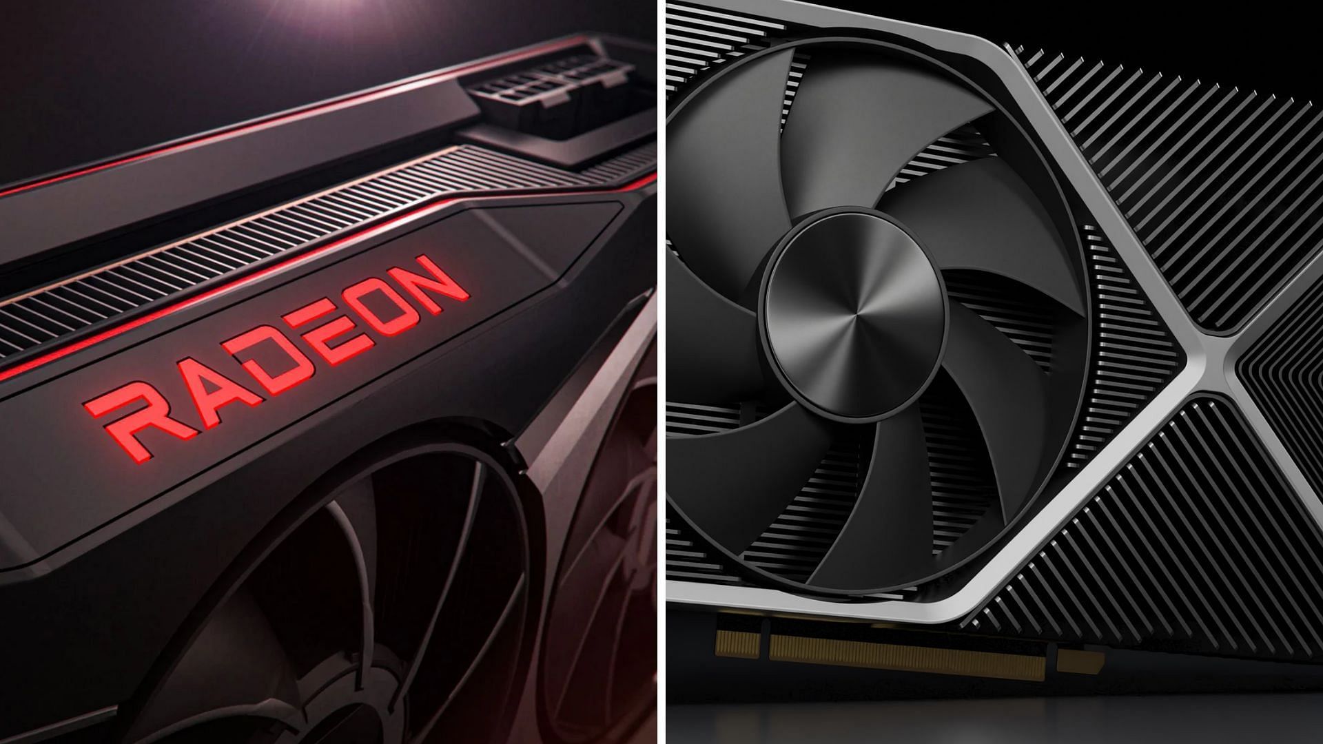 The Radeon logo and a rumored RTX 40 series FE GPU design (Image via Sportskeeda)