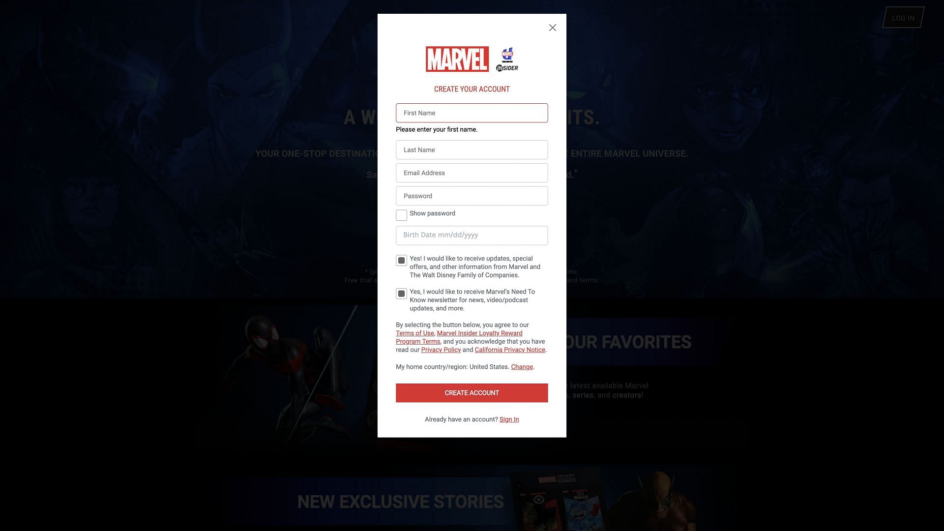 Account registration screen (Image via Marvel Unlimited)