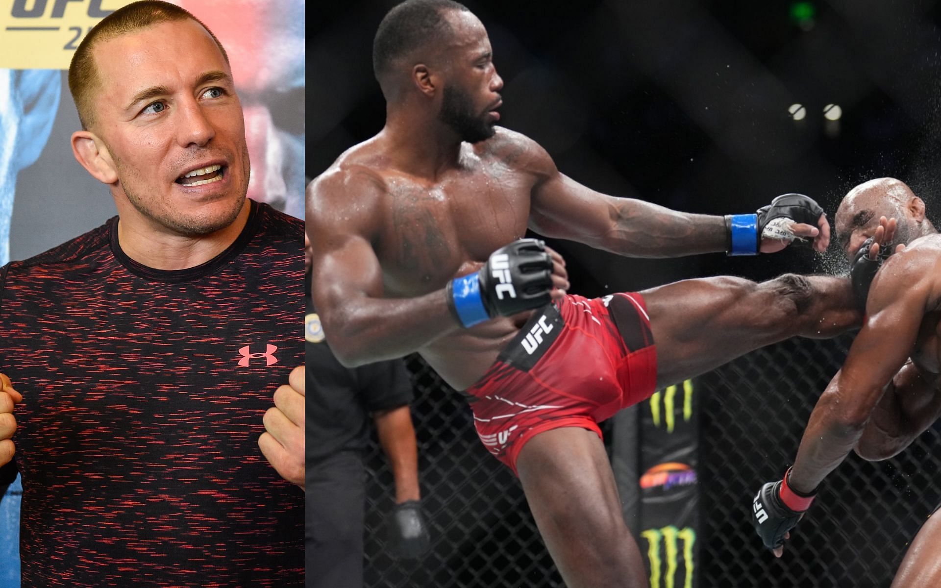 Georges St-Pierre (left); Edwards kicks Usman (right; images courtesy of Getty and @btsportufc Twitter account)