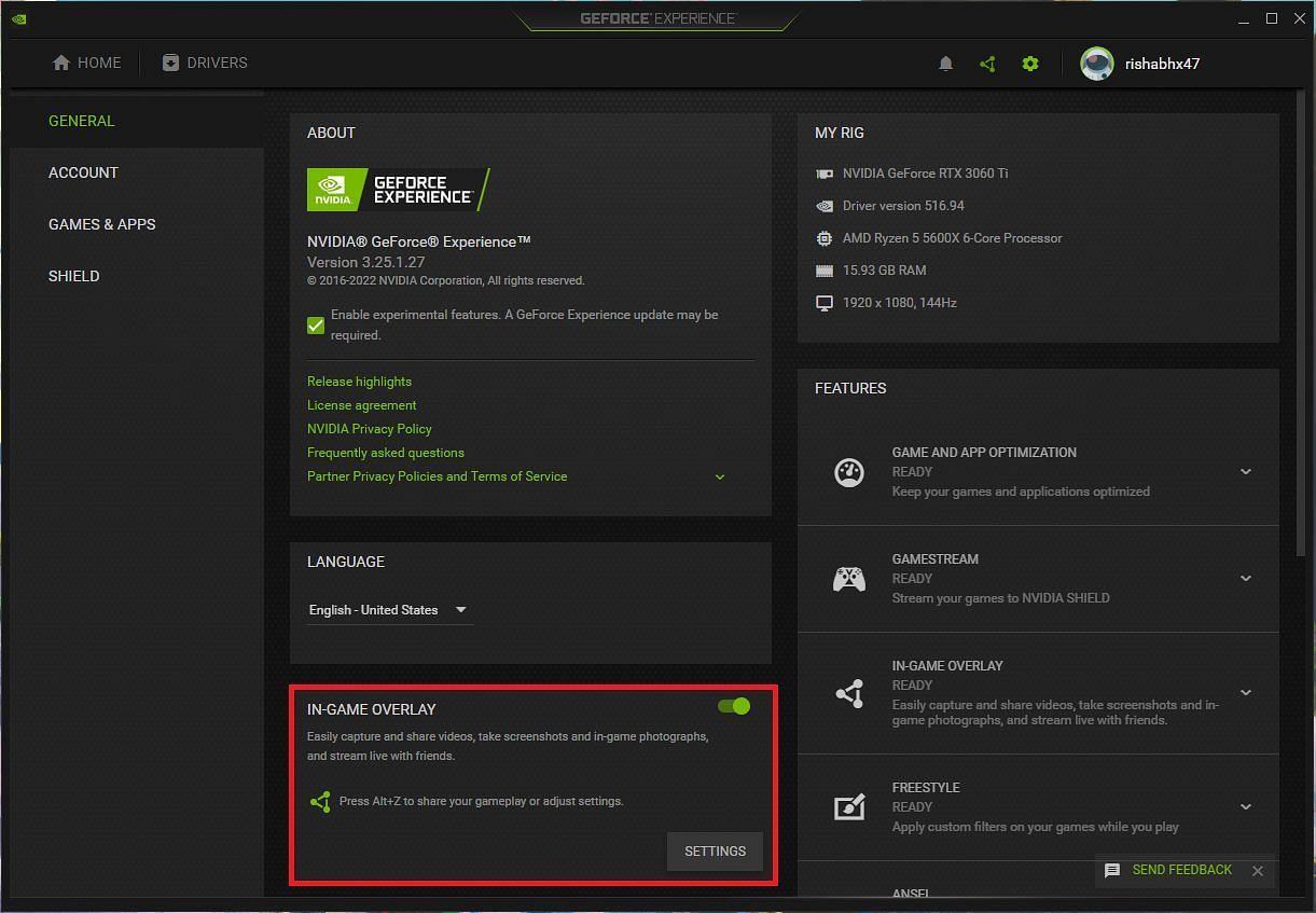 Turning off Nvidia Overlay in GeForce Experience (Image via Sportskeeda)