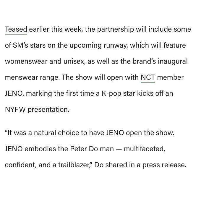 SM Entertainment collaborates with 'Peter Do' for New York Fashion Week  runway show