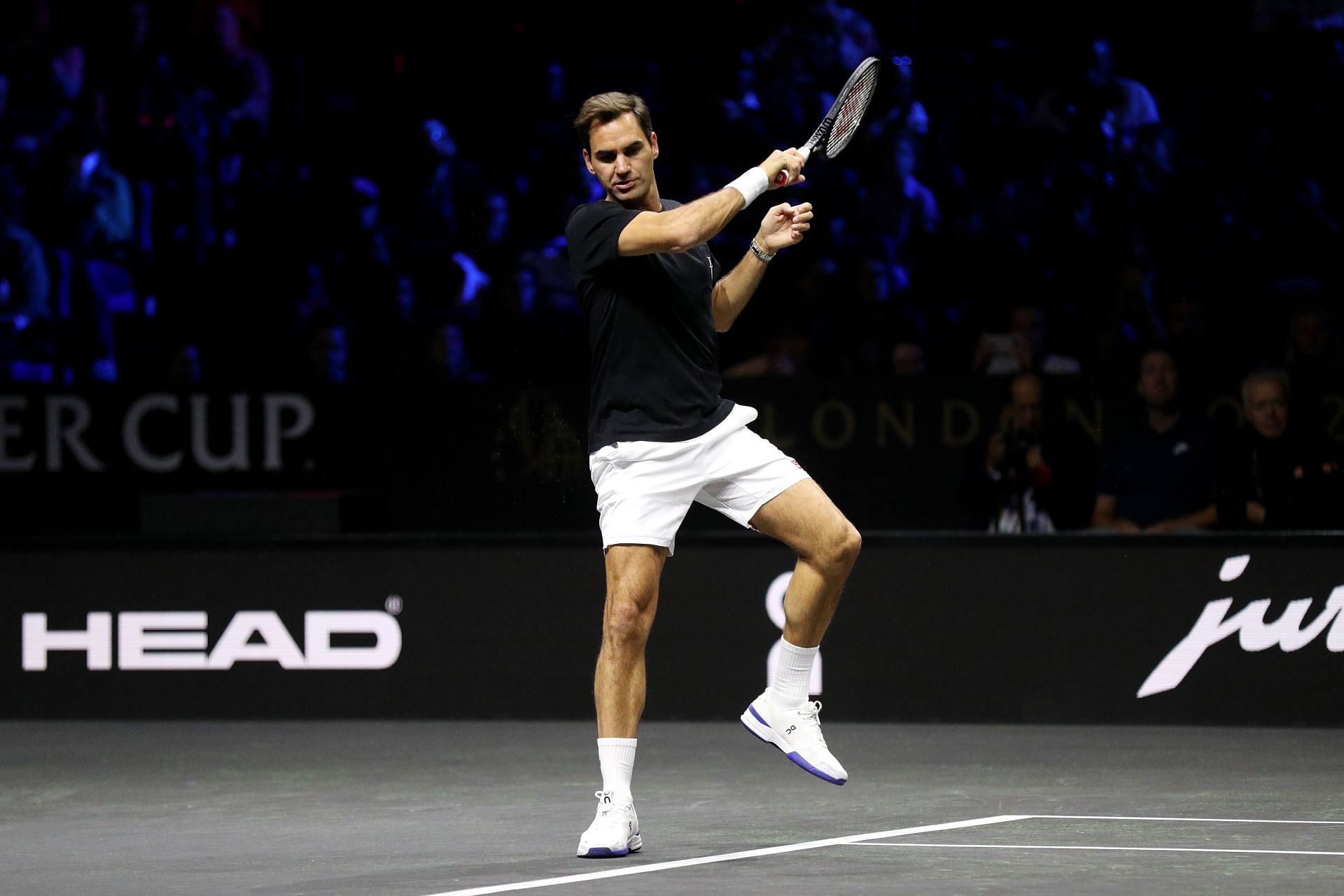 Roger Federer plays a shot during a practice session at the Laver Cup 2022
