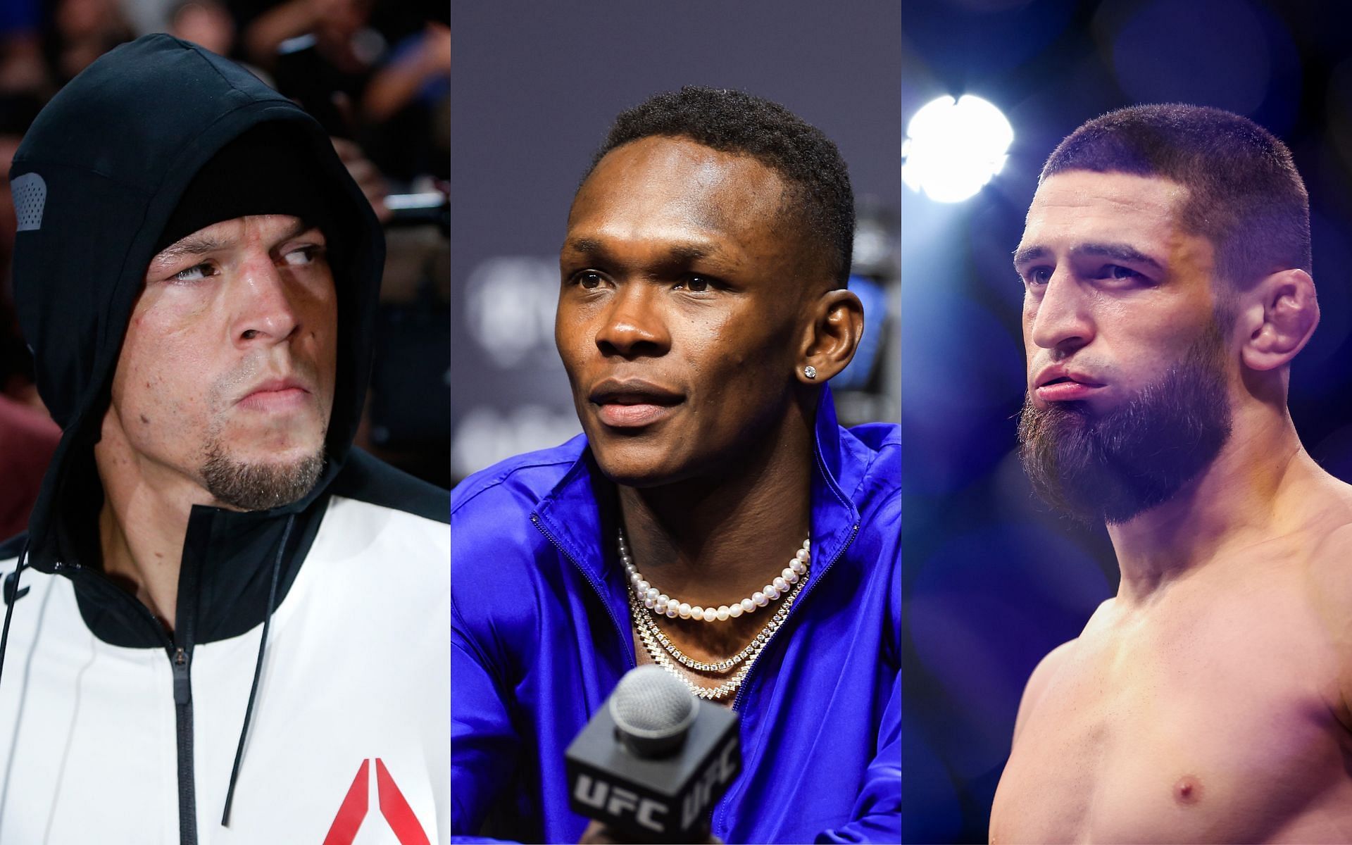 (L-R) Nate Diaz, Israel Adesanya, Khamzat Chimaev