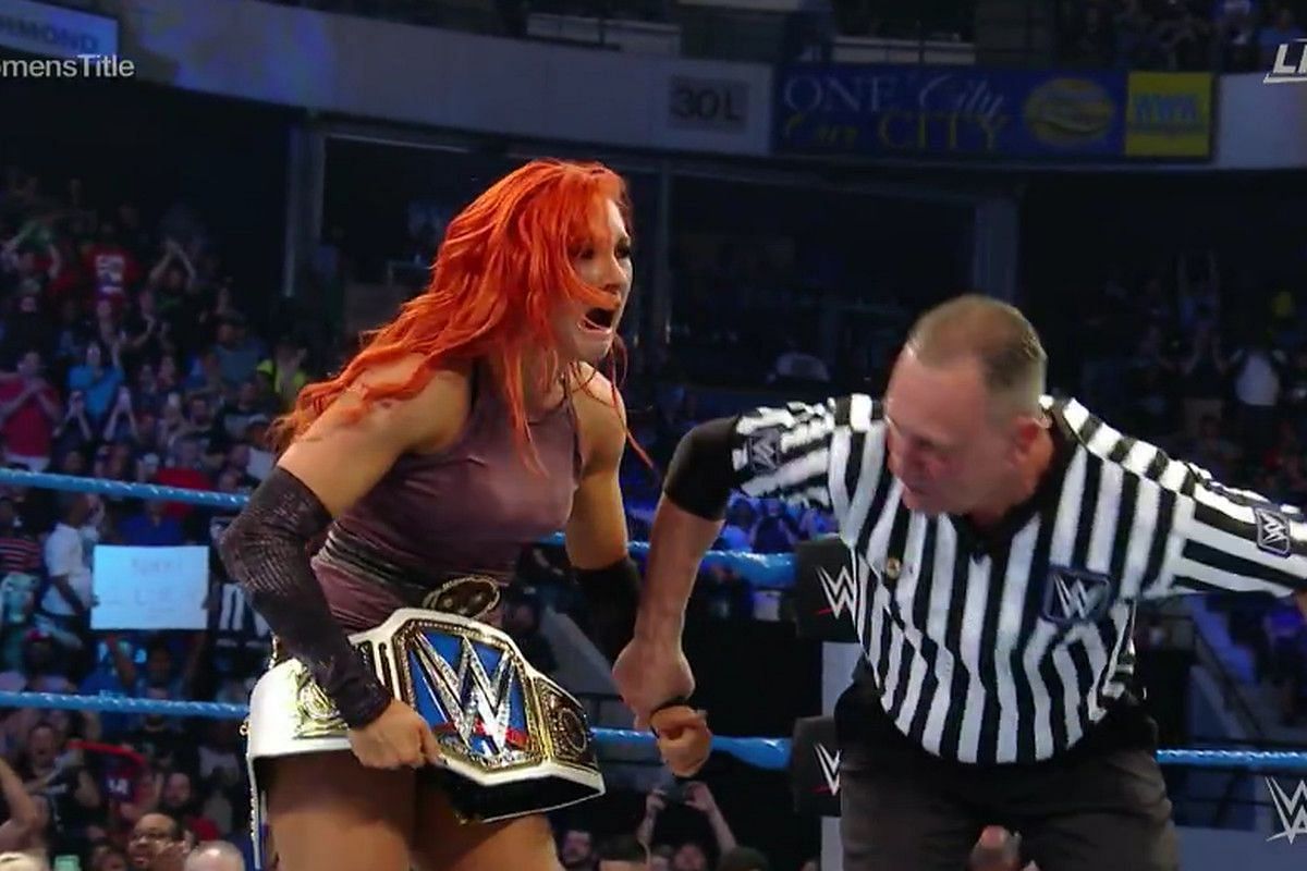 Becky Lynch in 2016 as the SmackDown Women&#039;s Champion. Her reign was cut short due to WWE management having an issue with her accent.