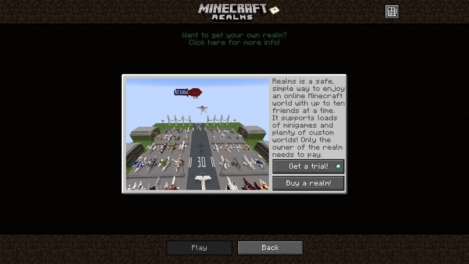 Players can either start a free trial or buy the realms server (Image via Mojang)