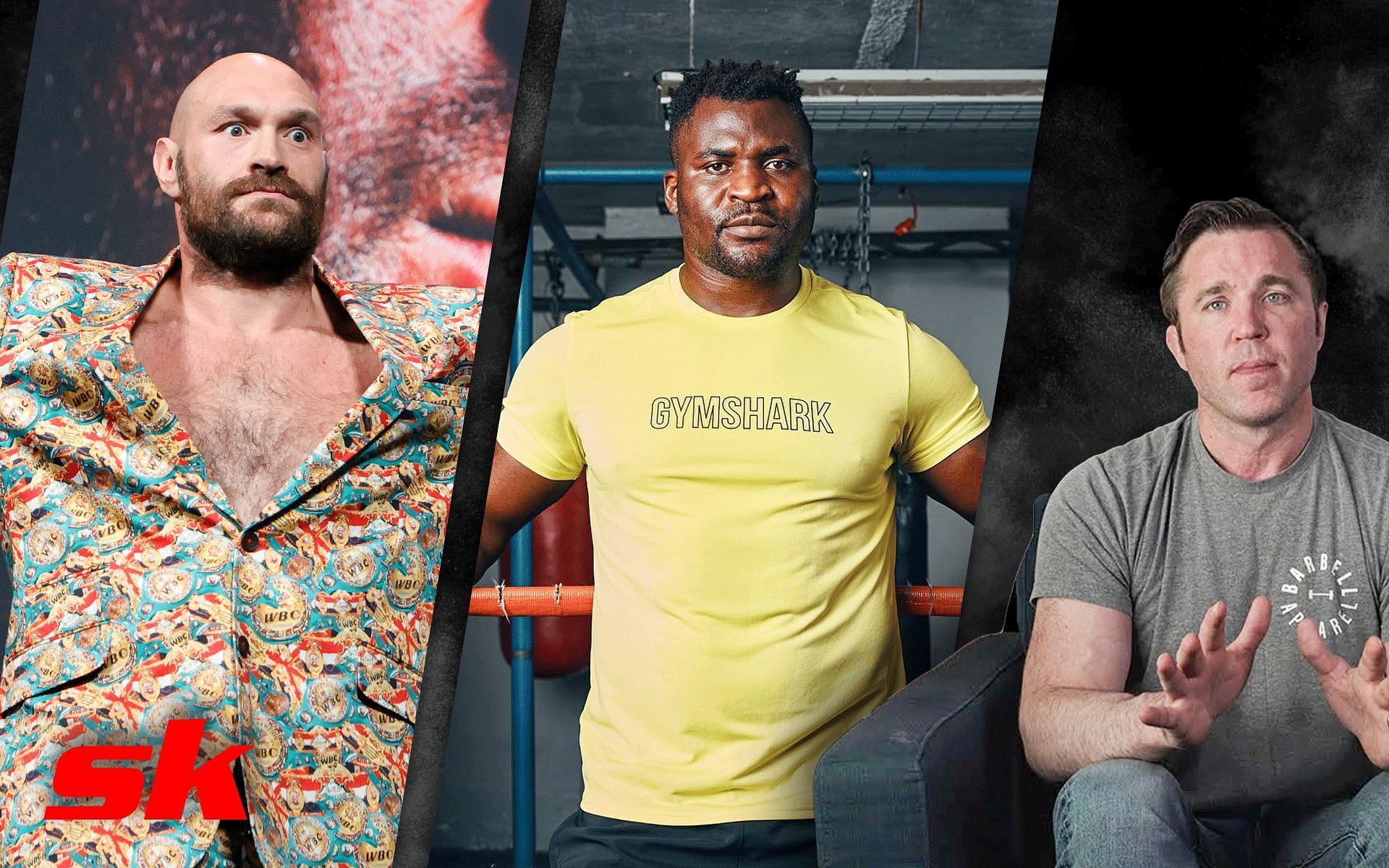 Tyson Fury (Left), , and Francis Ngannou (Center), Chael Sonnen (Right)[Images via: Tyson Fury from Getty, Chael Sonnen |YouTube  and @francisngannou on Instagram]