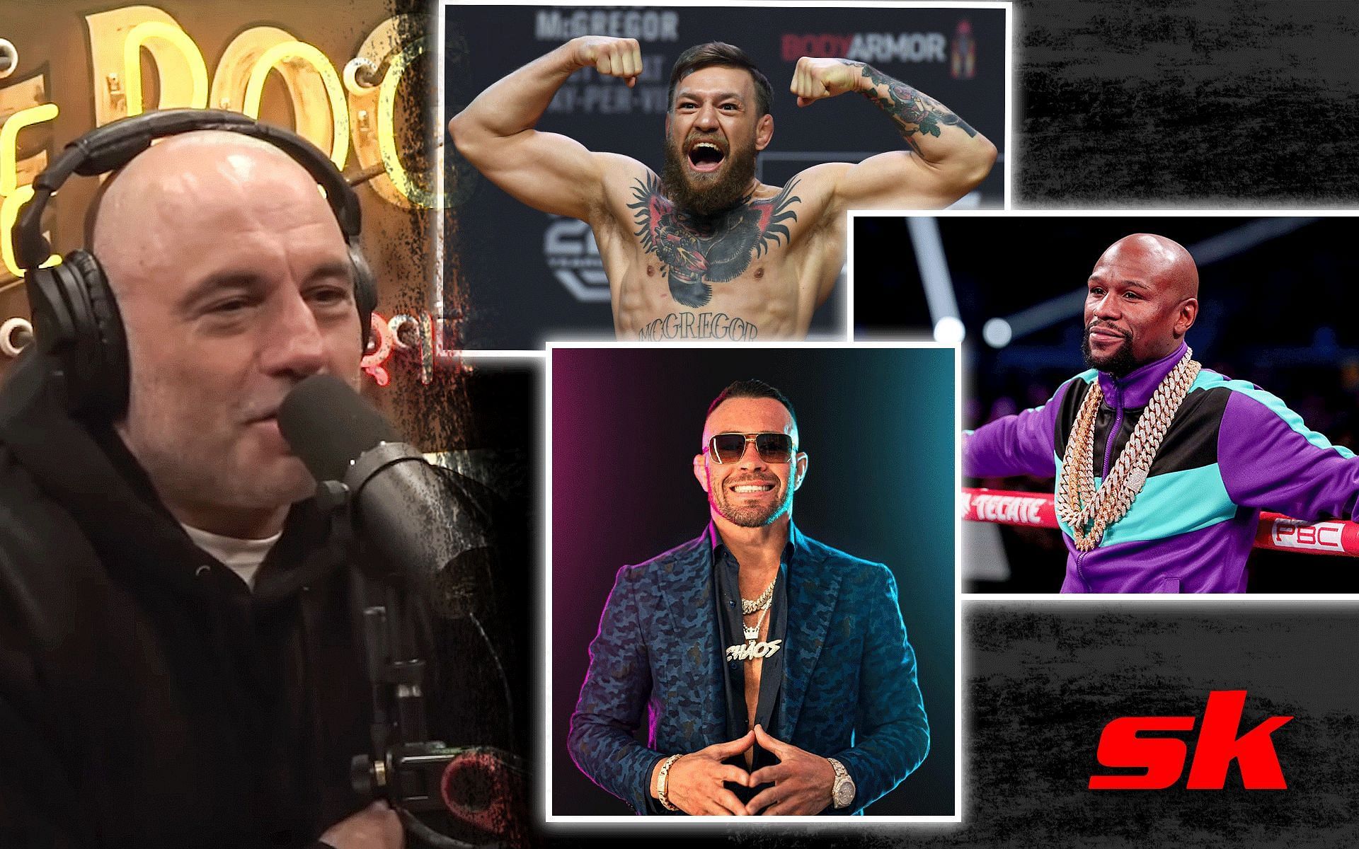 Joe Rogan (left)[Image courtesy: @powerfuljre on YouTube], Conor McGregor (middle top), Colby Covington (middle bottom)[Image courtesy: @colbycovmma] and Floyd Mayweather (right) 