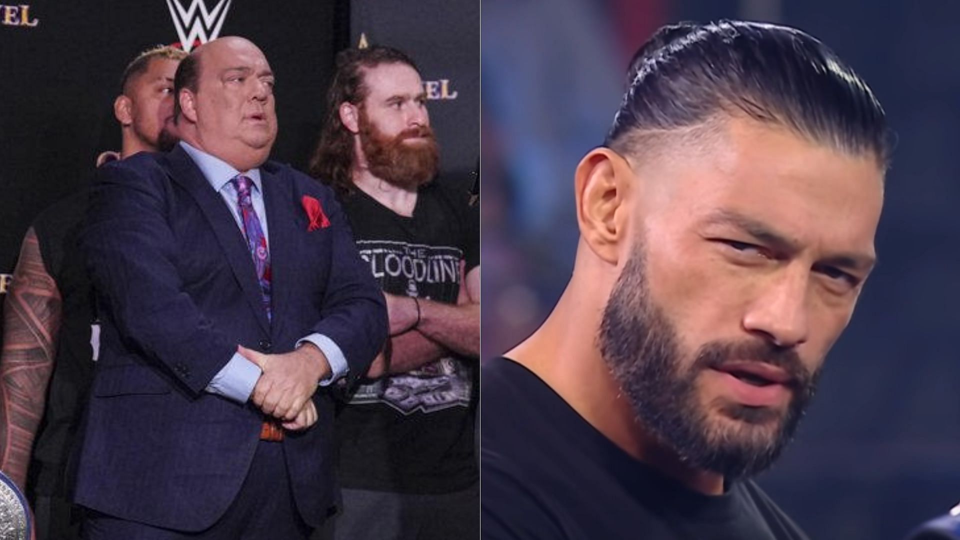 Paul Heyman (left); Roman Reigns (right)