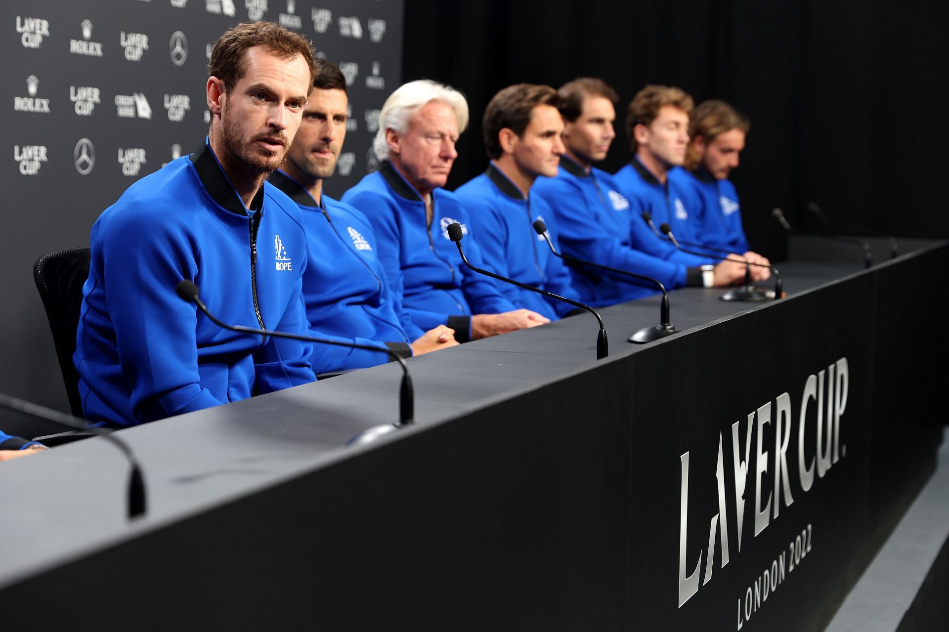 Roger Federer (fourth form left) at a press conference for Team Europe at the 2022 Laver Cup