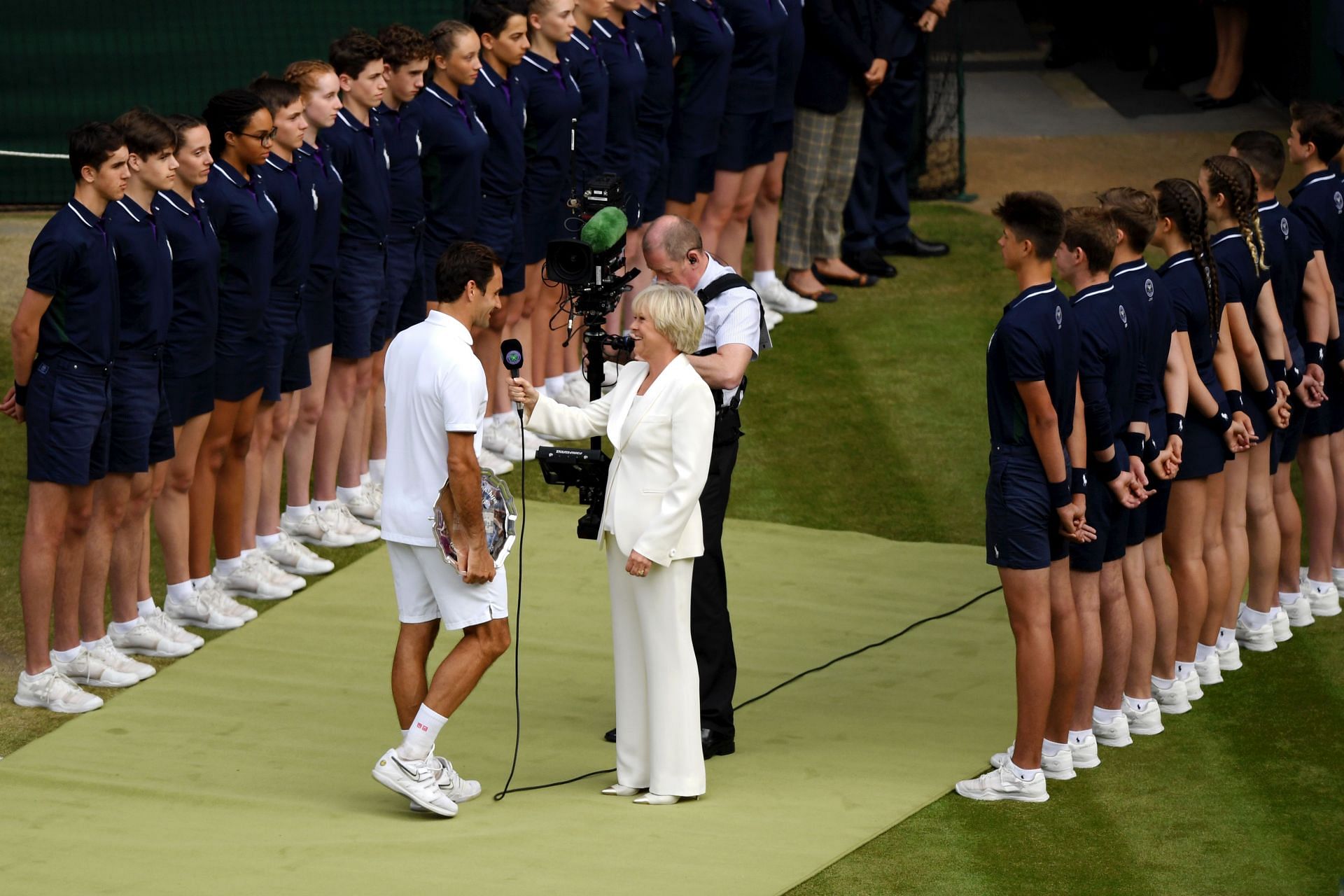 Sue Barker interviews Roger Federer at the 2019 Wimbledon Championships.