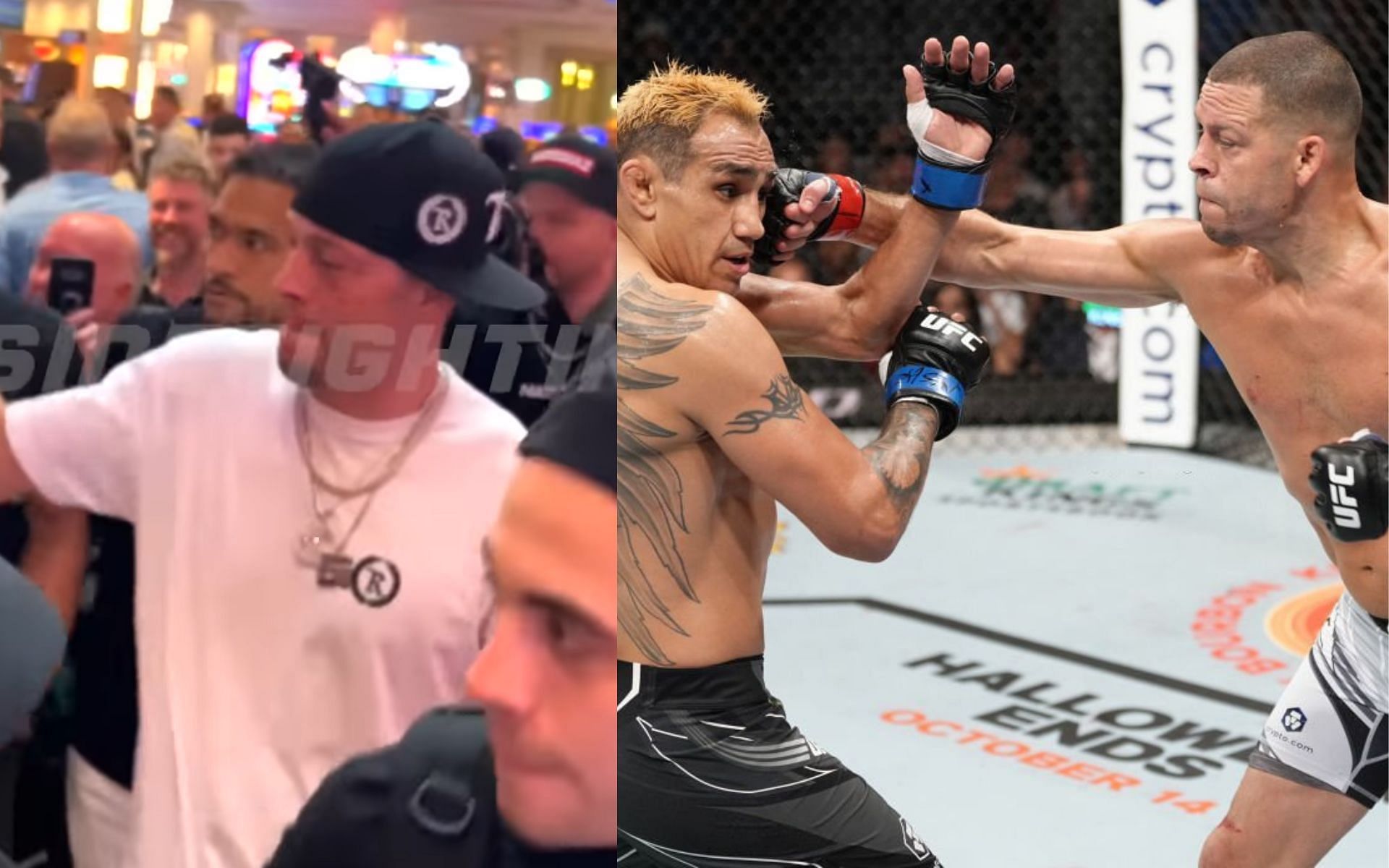 Nate Diaz (left) and his win against Tony Ferguson at UFC 279 (right). [Images courtesy: left image from YouTube InsideFighting and right image from Getty Images]