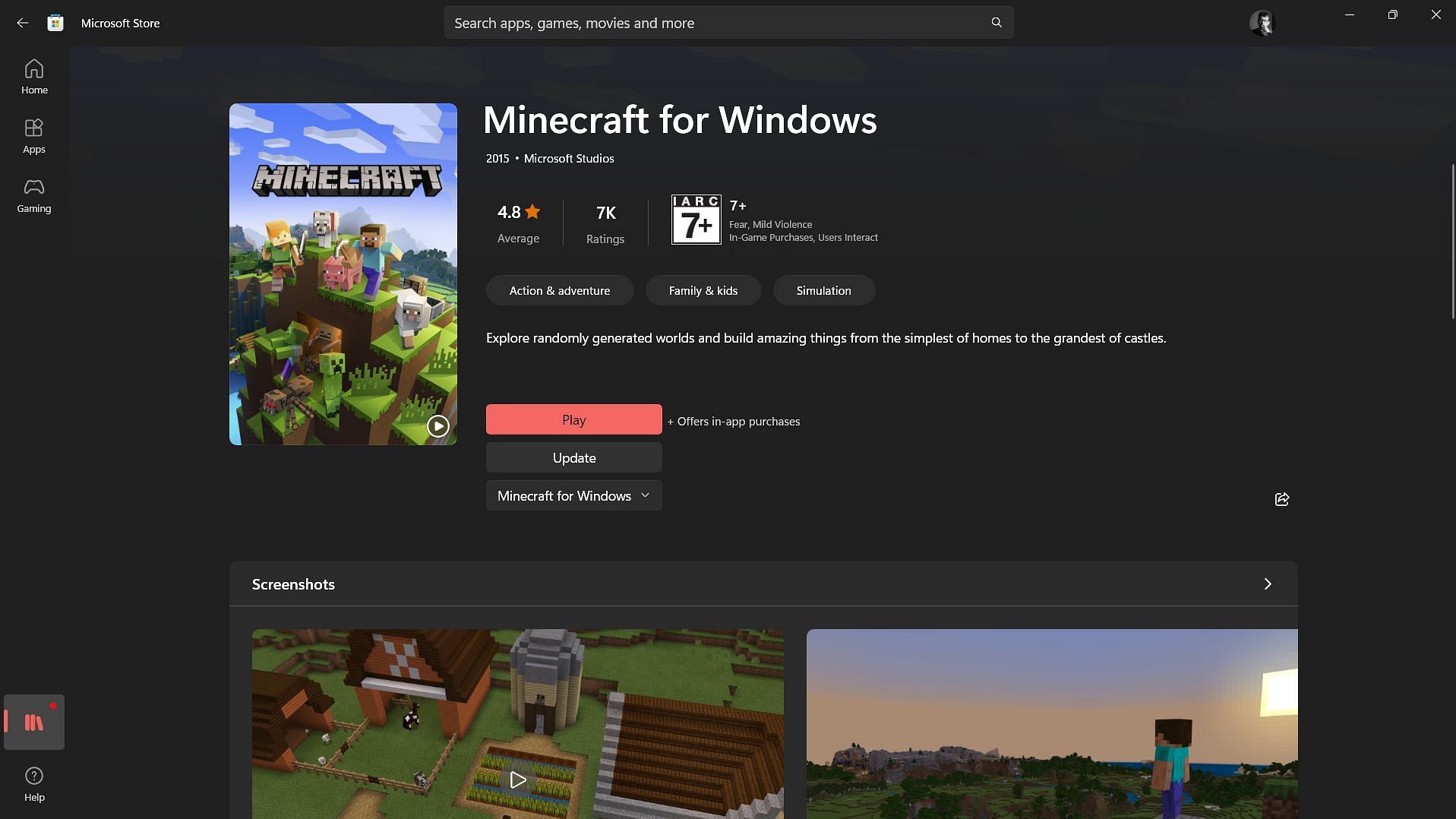 Head to the Microsoft Store app to install the Minecraft Bedrock Edition update (Image via Sportskeeda)