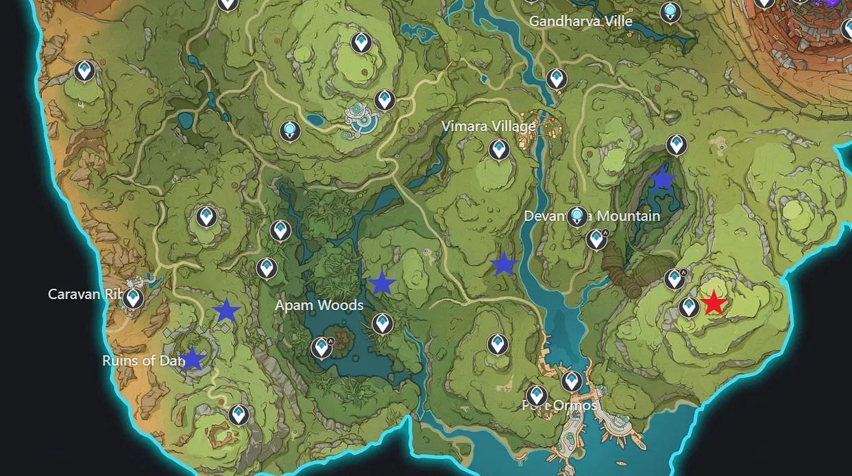 The Stone Pillar Seal locations in the lower half (Image via Hoyoverse)