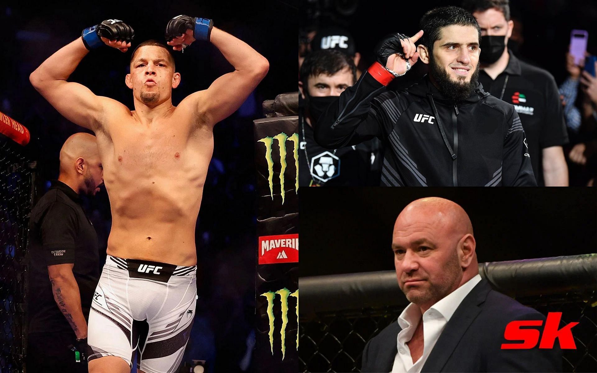 Nate Diaz (left), Islam Makhachev (top), &amp; Dana White (bottom)