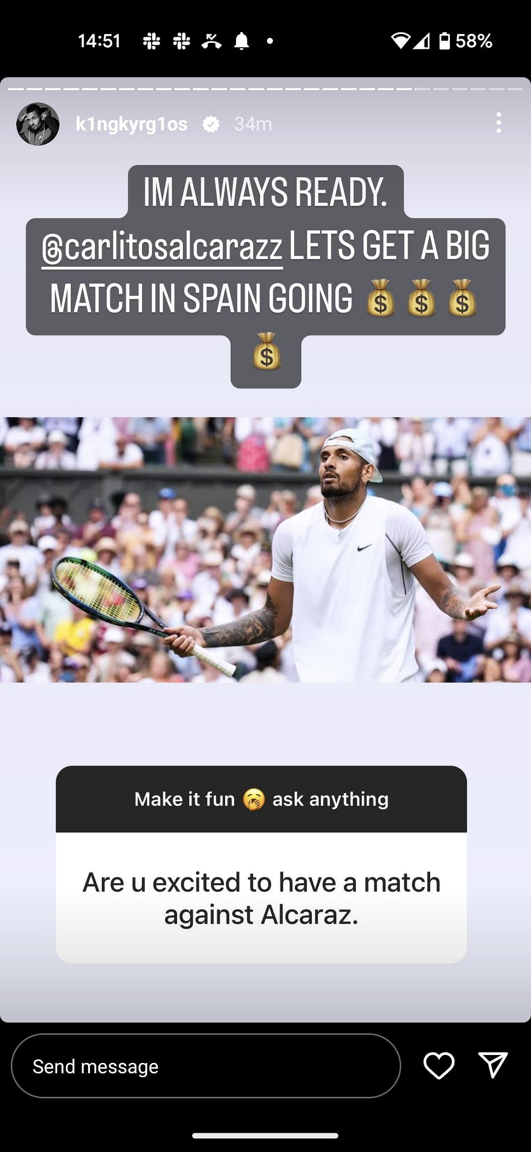 Nick Kyrgios challenges Carlos Alcaraz for a match in Spain