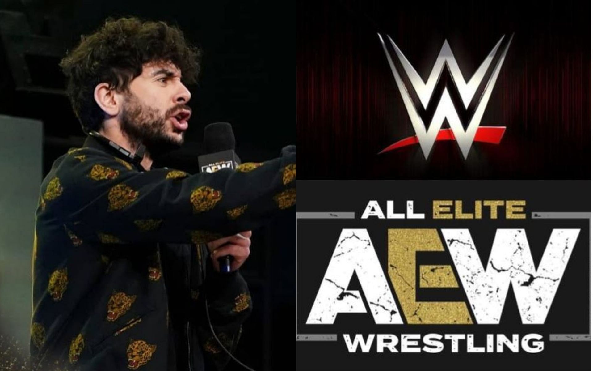 AEW President Tony Khan (left) and WWE and AEW logos (right).