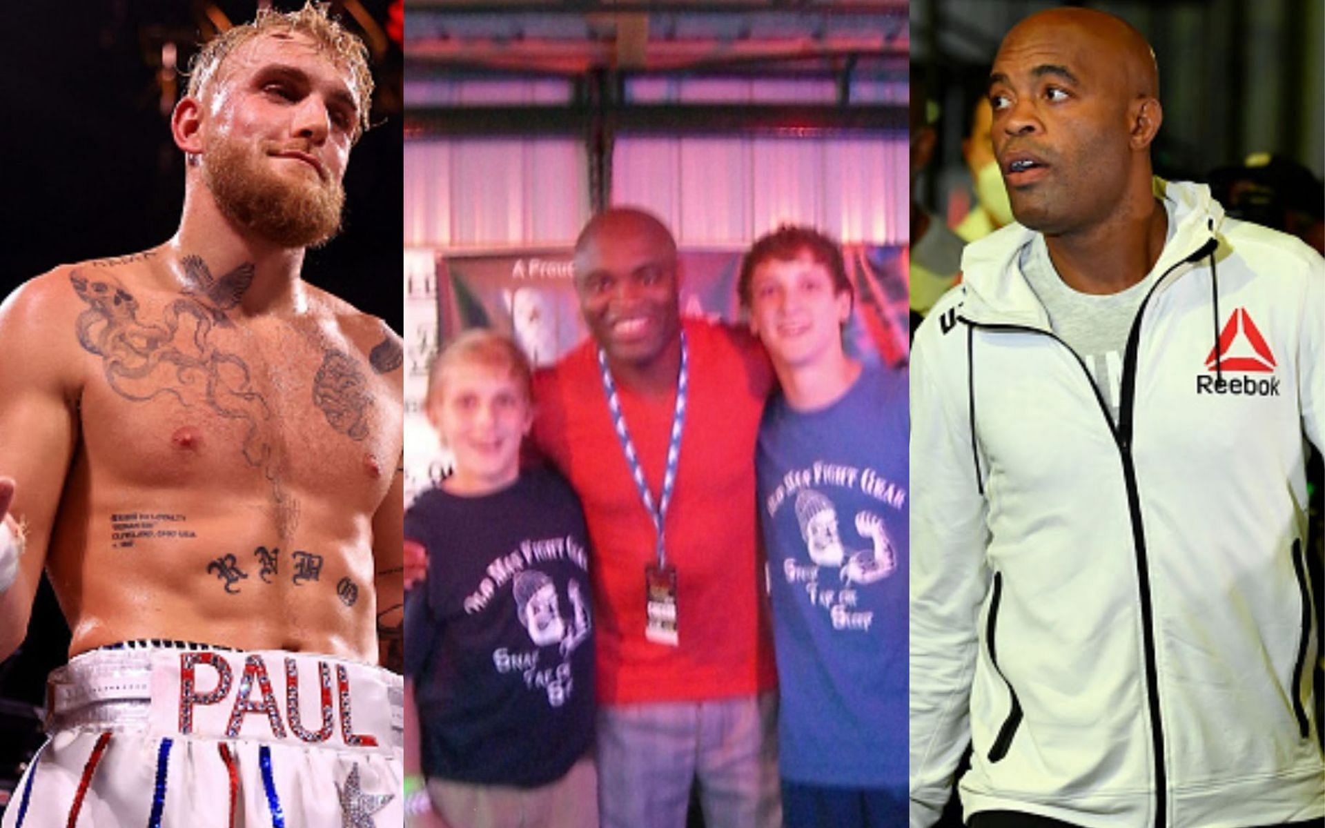 Jake Paul (left) shares a throwback picture (center) of him and Anderson Silva (right) ahead of their fight.