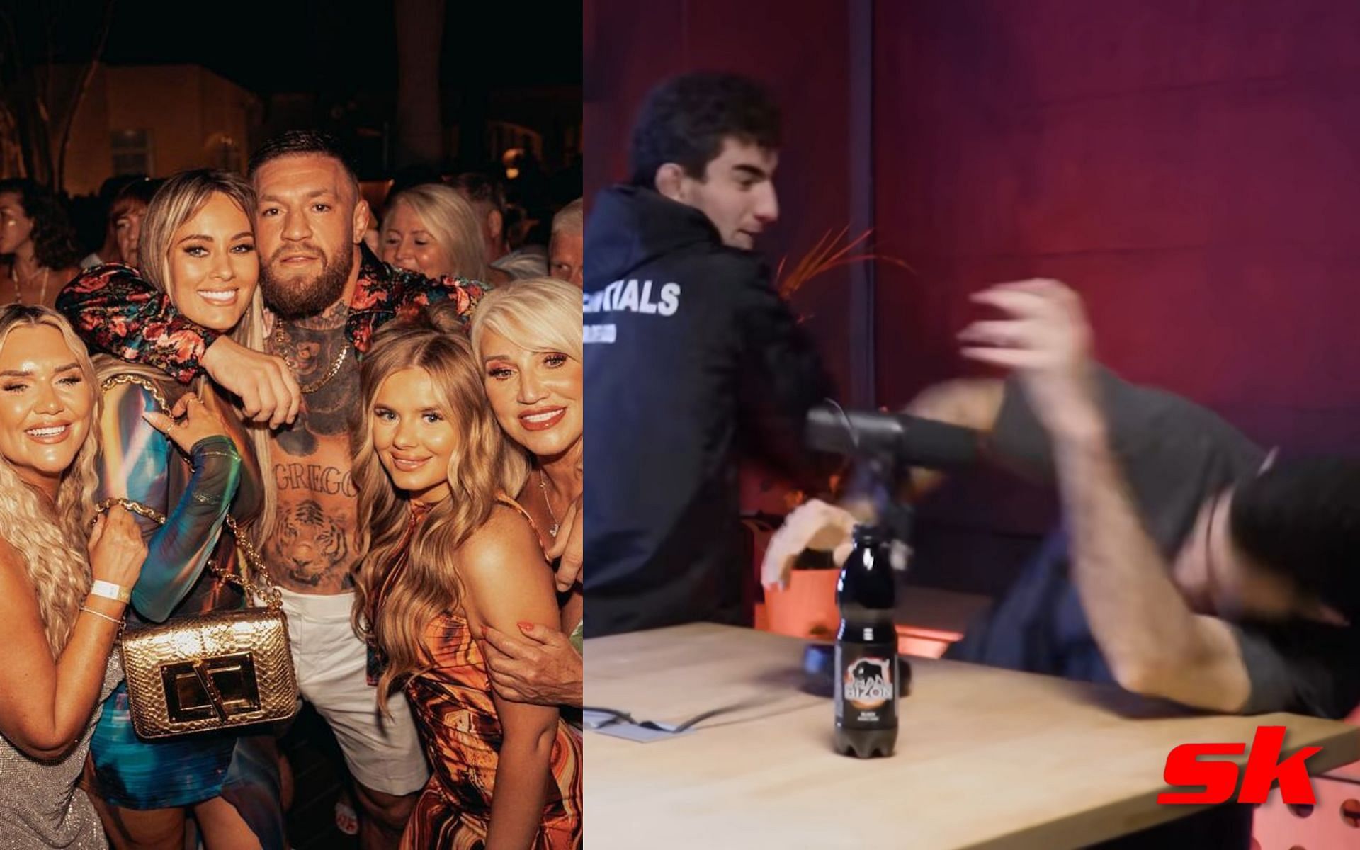 Conor McGregor with friends and family at birthday party (left - via @thenotoriousmma on IG), MMA fighter assaults rival on podcast (right - via Rating Brothers on YouTube)