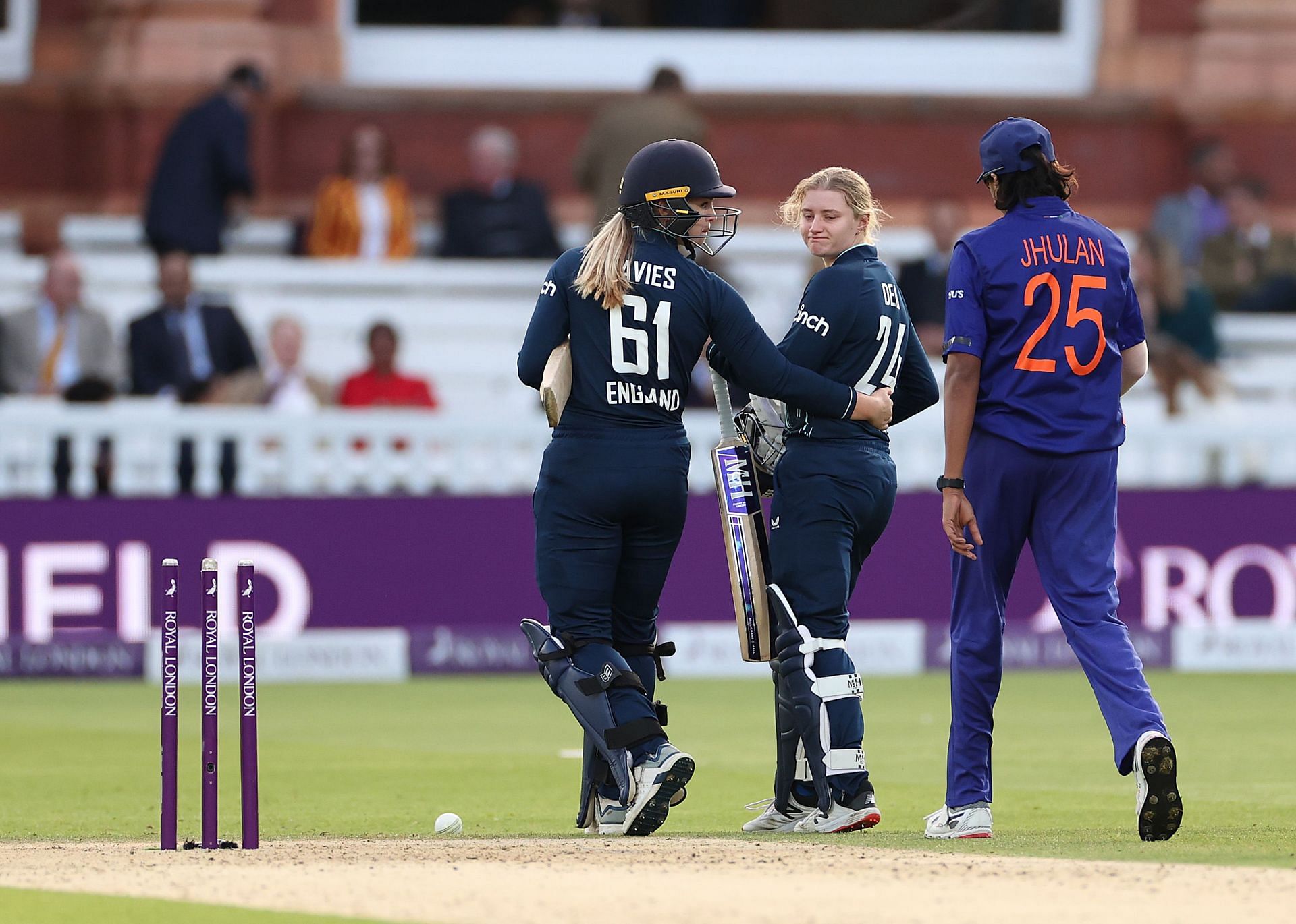 Charlie Dean is consoled by Freya Davies after England&rsquo;s loss in the 3rd ODI. Pic: Getty Images