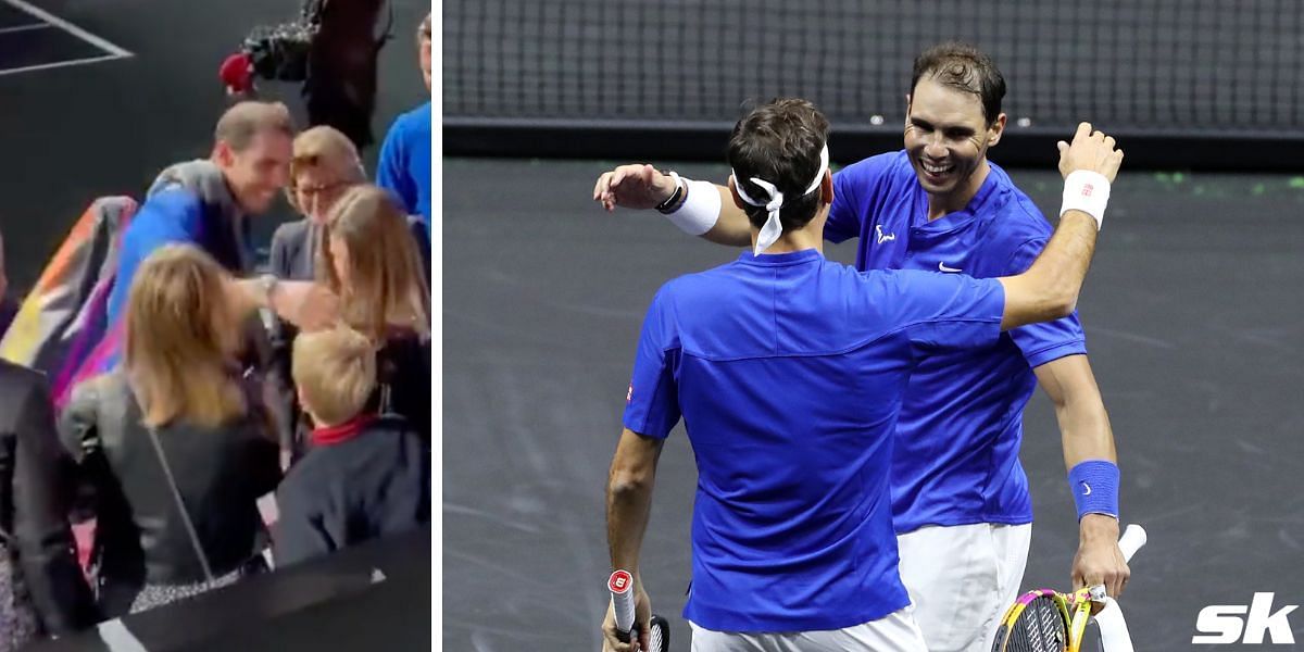 Rafael Nadal hugs Roger Federer