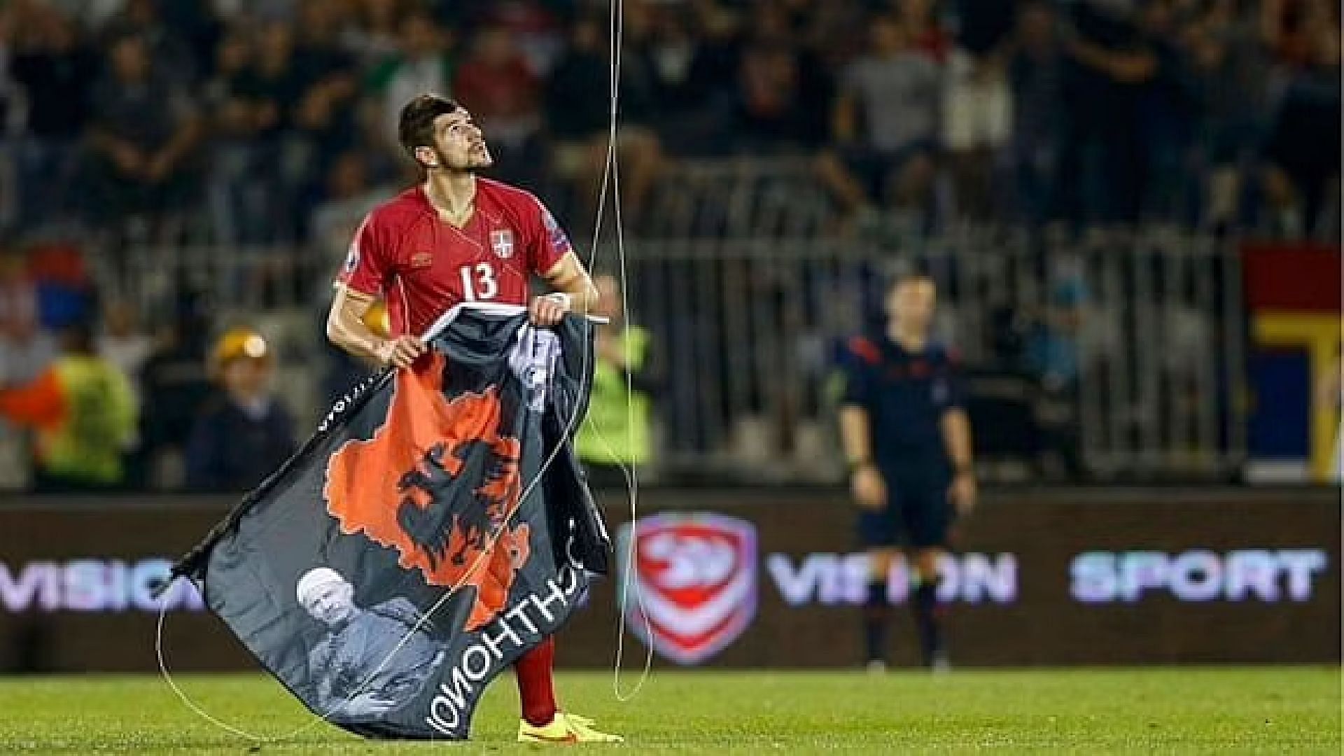 When Greater Albania&#039;s flag was flown above the stadium during the Euro 2016 qualifying match last year, Serbia&#039;s Stefan Mitrovic grabbed it. Photograph by Marko Djurica for Reuters.