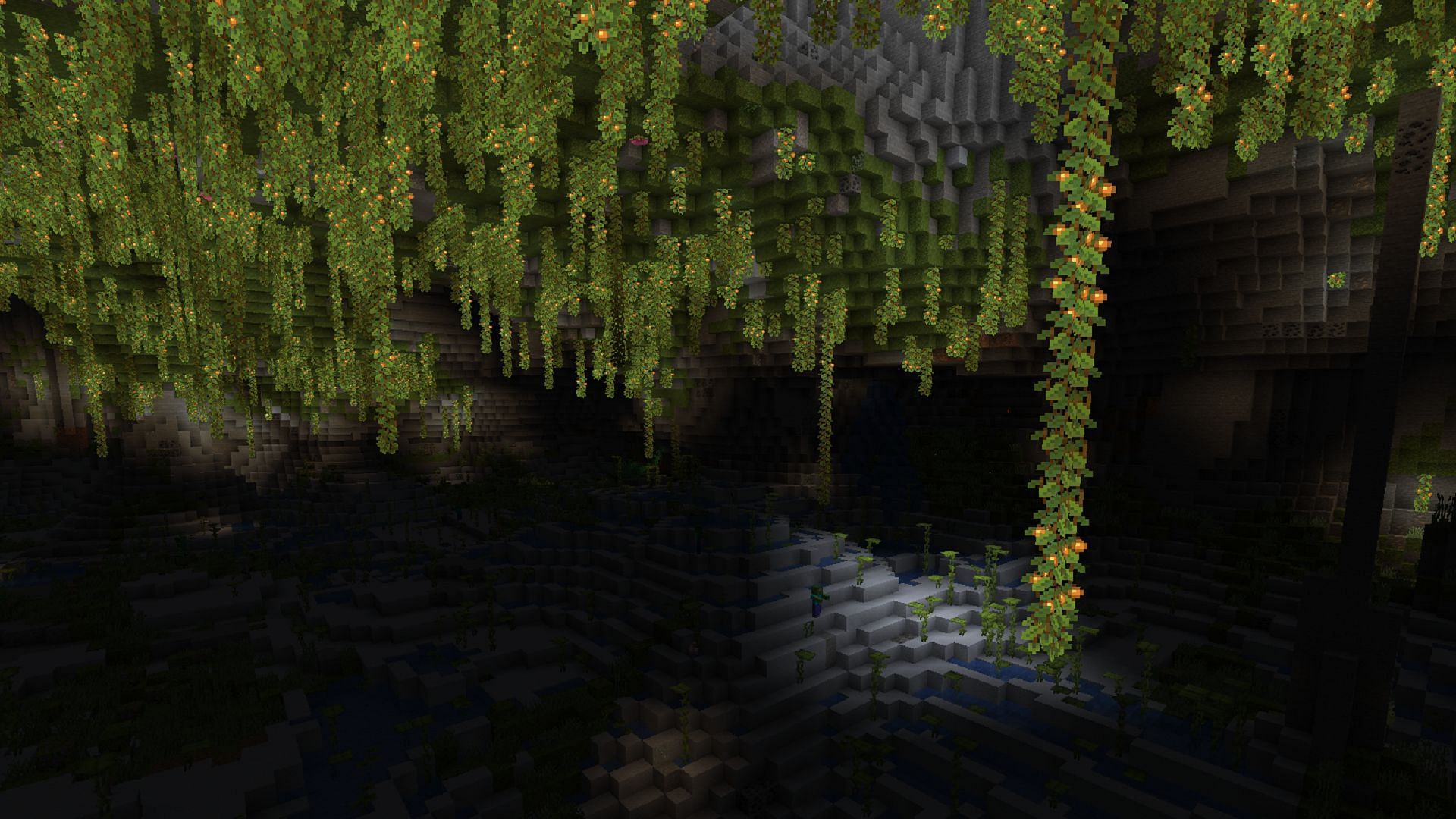 The lush cave system in very close proximity to the spawn point (Image via Mojang)