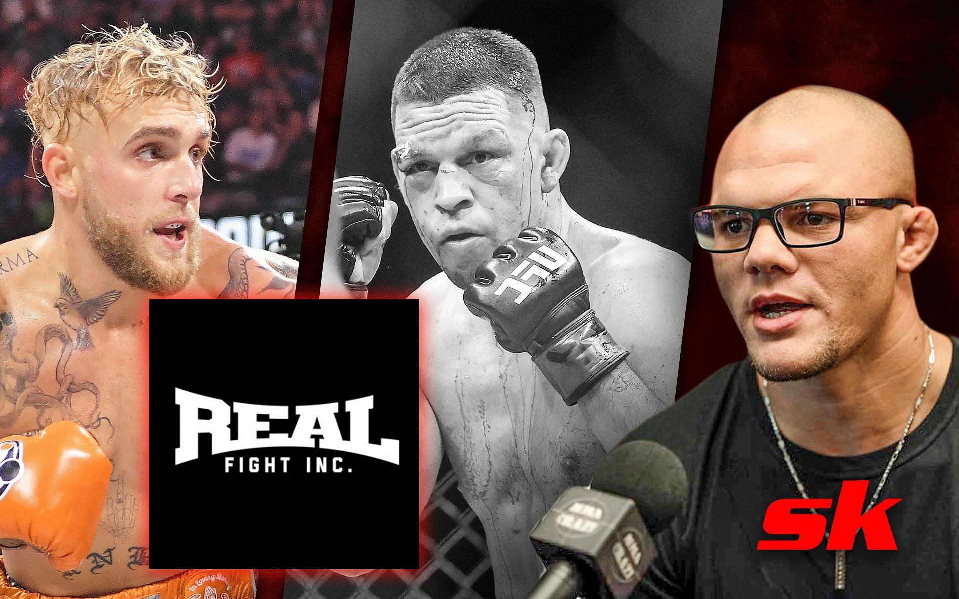 Jake Paul (left), Nate Diaz (center), Anthony Smith (right). [Images courtesy: left image from Instagram @lionheartsmith, logo from Instagram @realfightinc, rest from Getty Images]