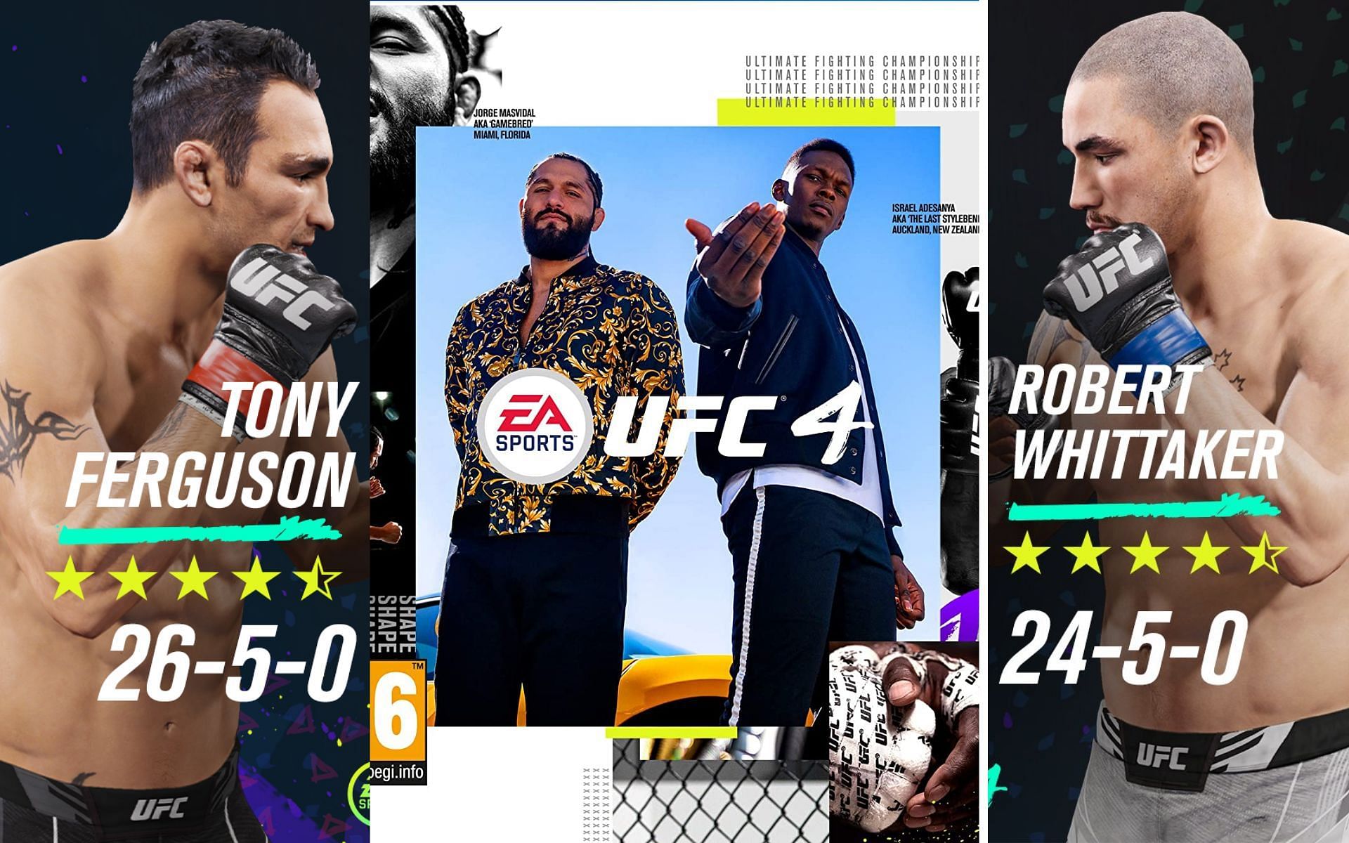 Tony Ferguson (left), UFC 4 Official Cover (center), Robert Whittaker (right). [Images courtesy: EA Sports]