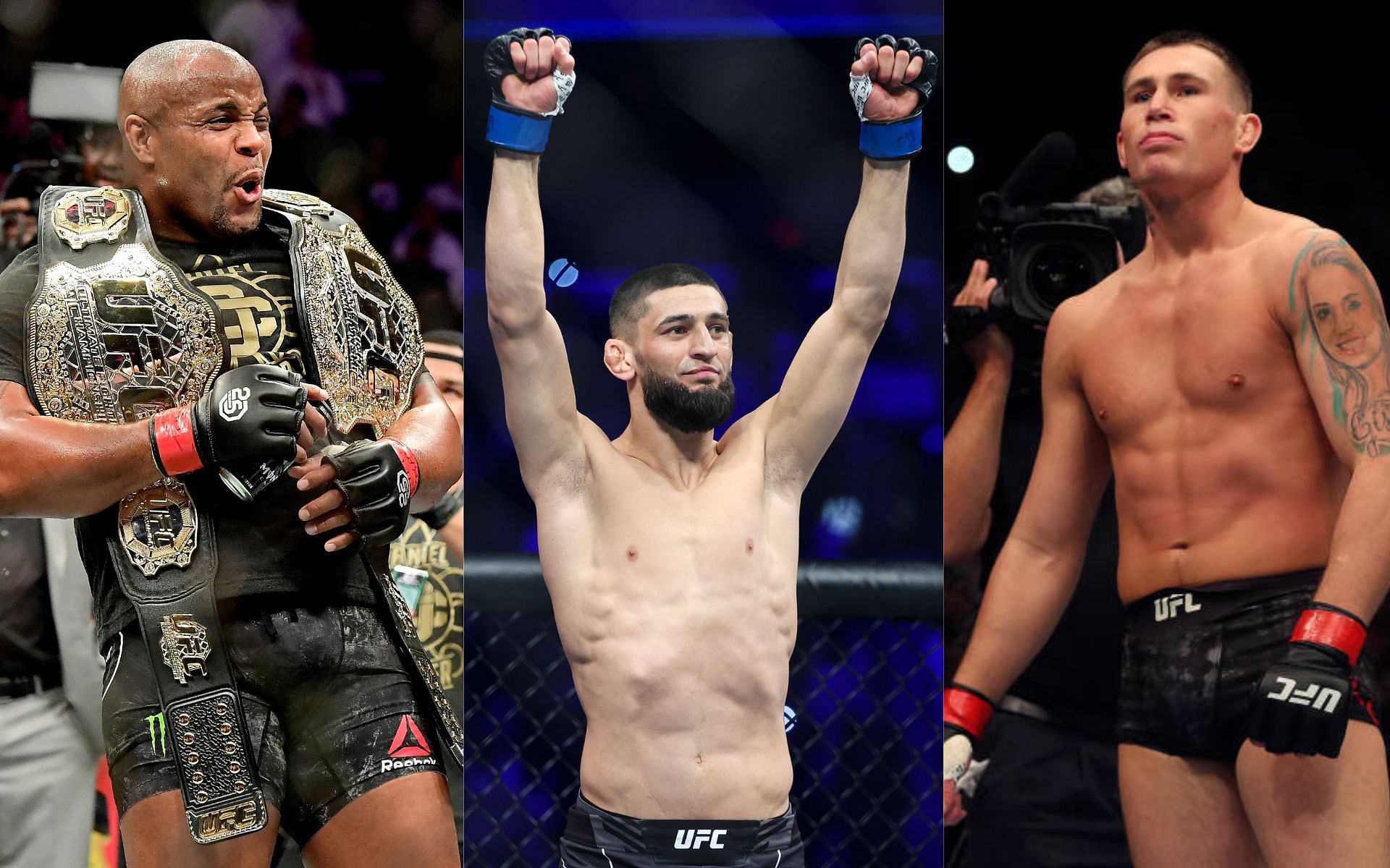 Daniel Cormier (left), Khamzat Chimaev (center), and Darren Till (right)