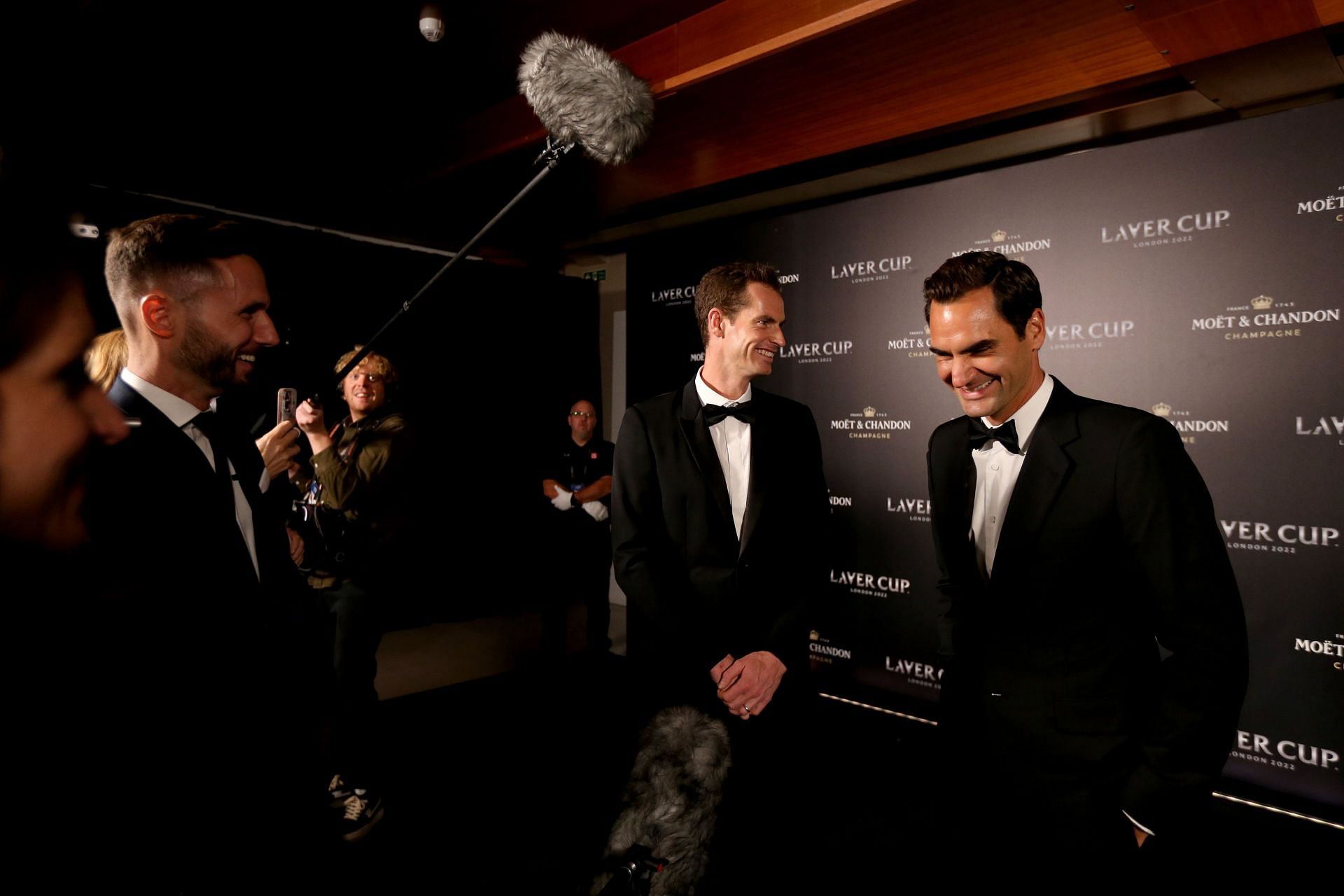 Andy Murray and Roger Federer are interviewed during the Laver Cup gala dinner.