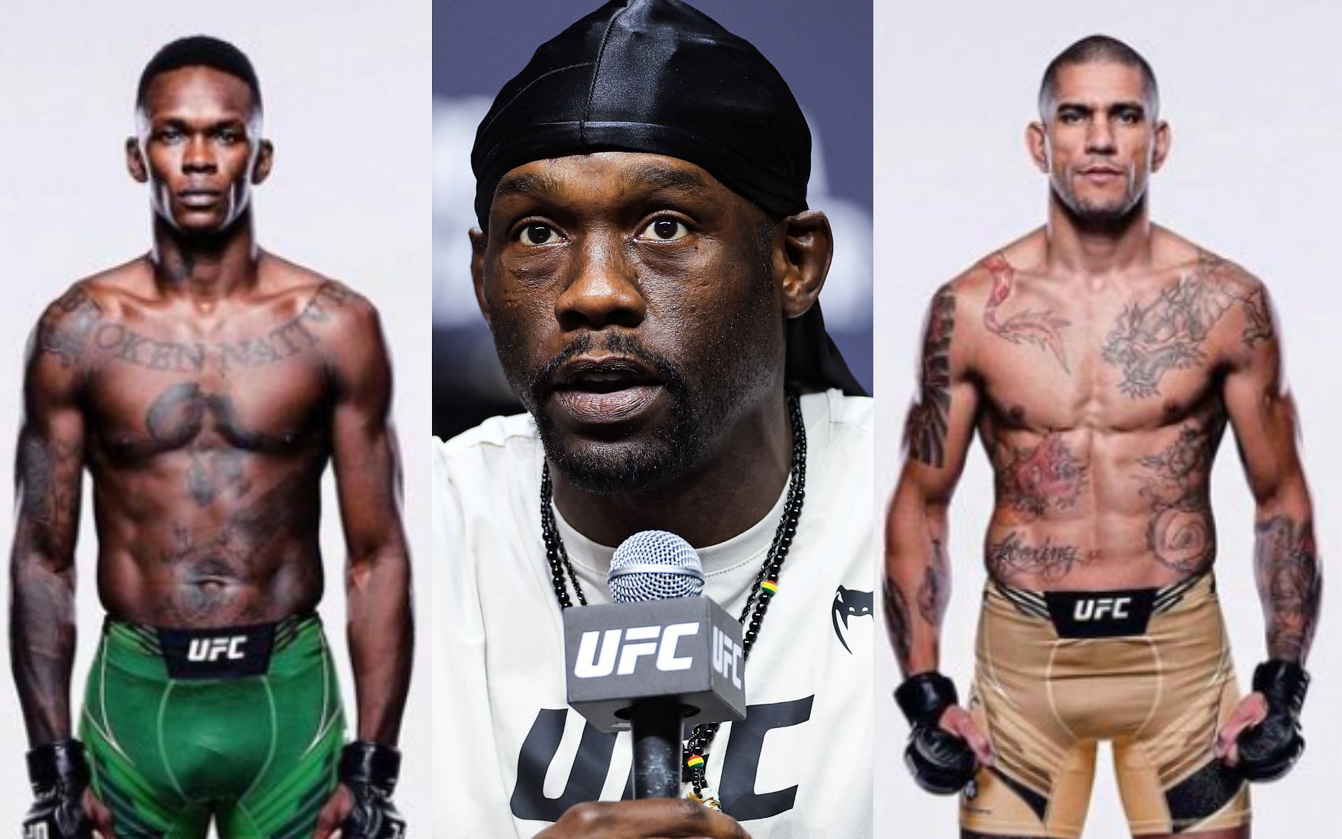 Israel Adesanya (left), Jared Cannonier (center), and Alex Pereira (right). [Images courtesy: left and right images from Instagram @stylebender and center image from Getty Images]