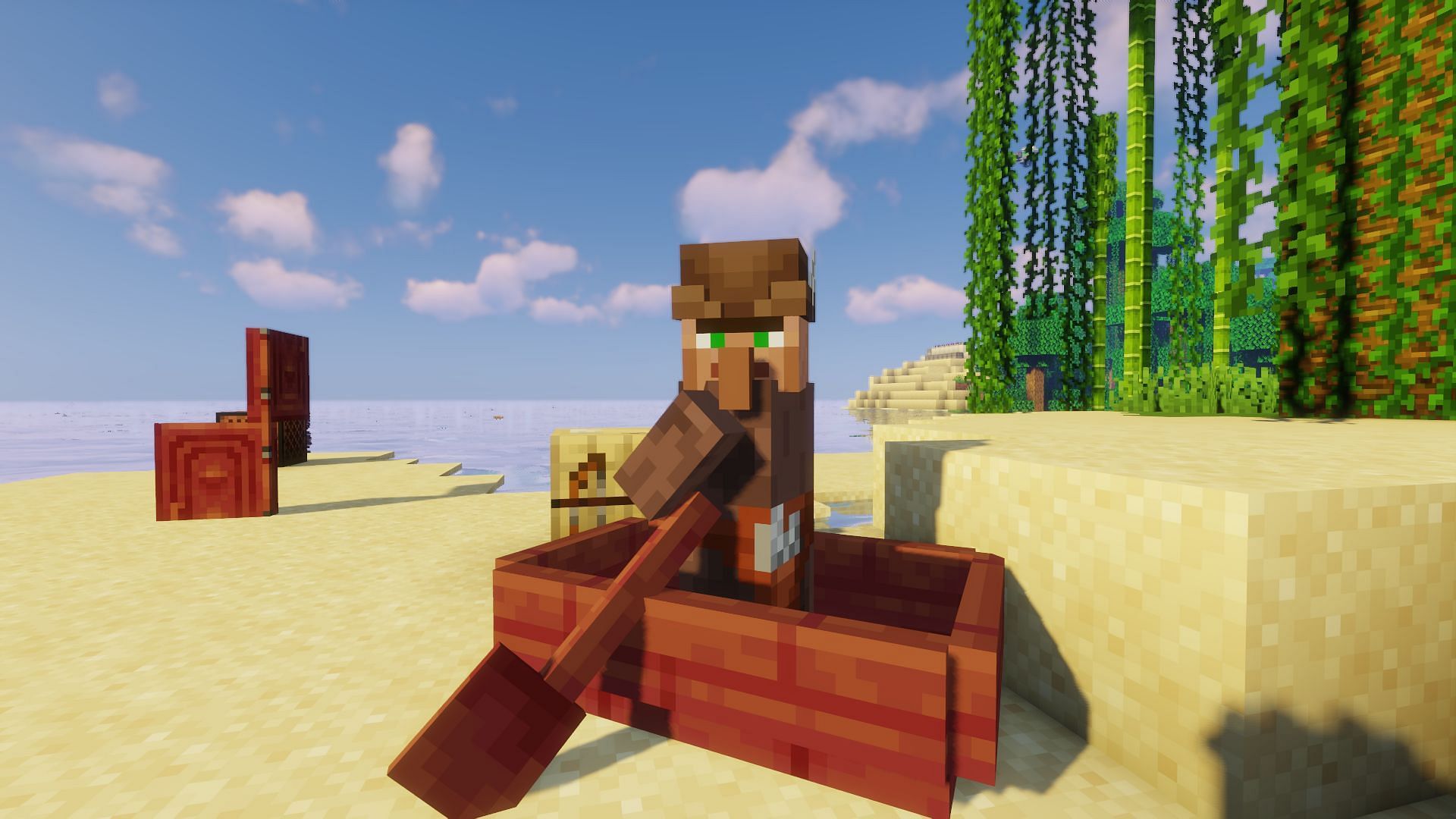 A fletcher villager trapped in a boat (Image via Minecraft/Mojang)