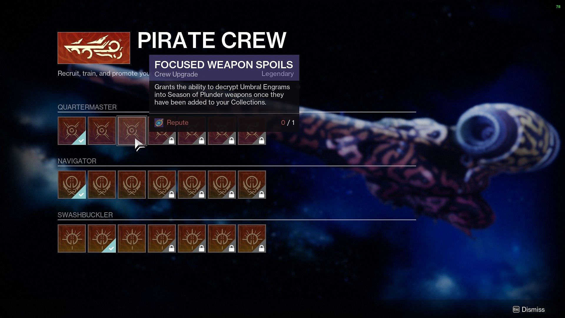 Focused Weapon Spoils under the Quartermaster menu (Image via Destiny 2)
