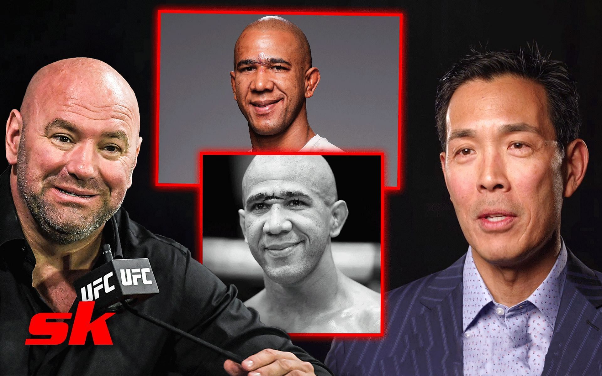Dana White (left), Gregory Rodrigues (middle), Dr. Greg Hsu (right) [Image courtesy: Getty, @mmamania on Twitter, @ufc on Instagram, @ufc on Instagram]